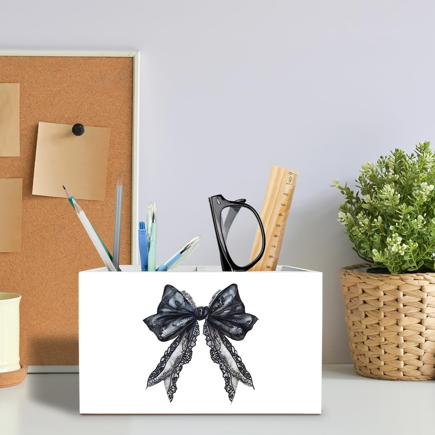 Coquette Black Lace Bow Pen Holder for Desk, Girly Preppy Room Decor Pencil Organizer, Black Ribbon Bow Wooden Box Sign Desk Decor for Girls Dorm Room Home Office Decoration image 3