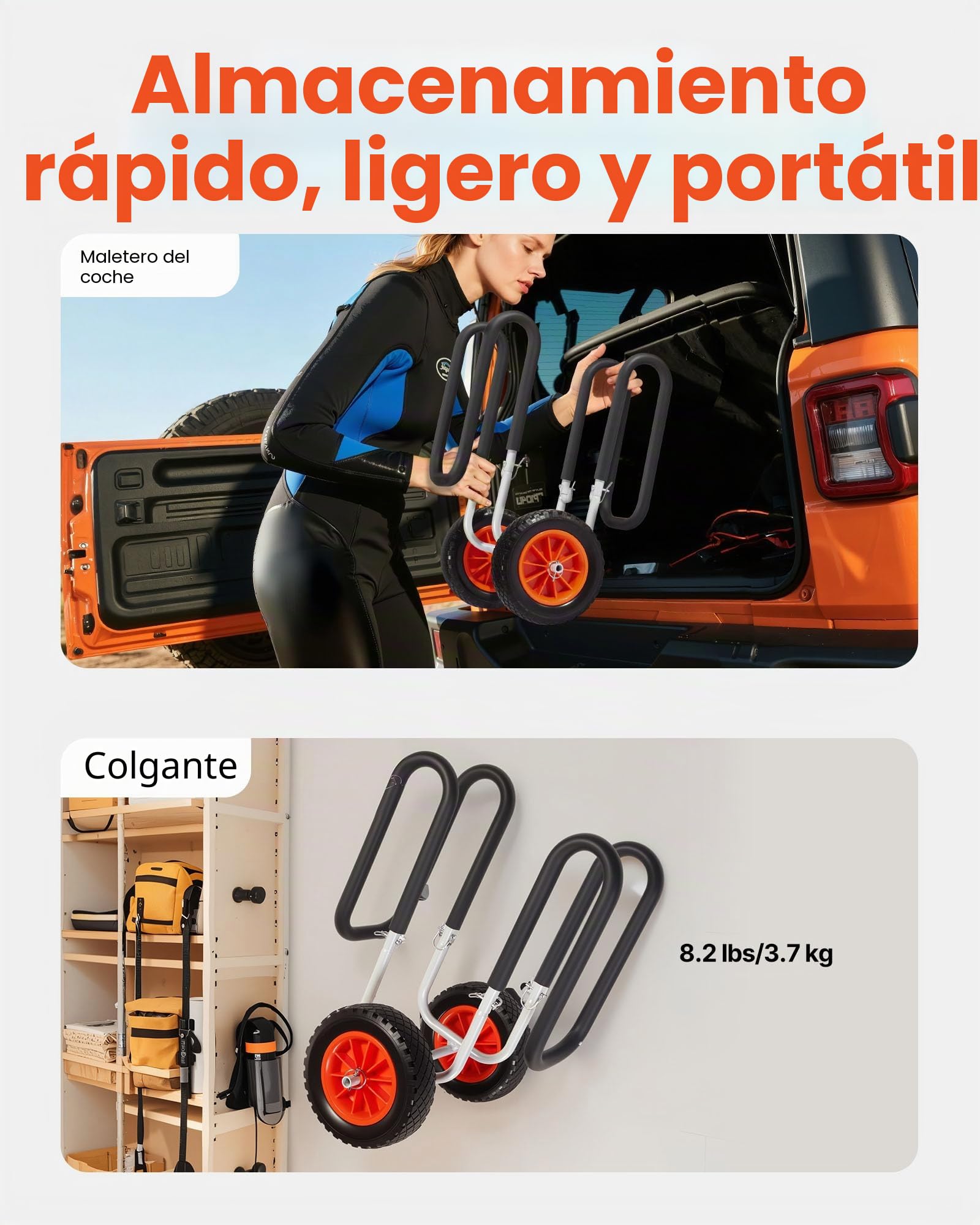 VEVOR Remolque Vertical para Kayak, Remolque de Kayak 520 x 500 x 680 mm con Neumáticos de Goma Maciza de 25,4 cm y Soportes Carga de 68 kg, Carrito para Tabla de Surf de Remo, Kayaks, Canoas