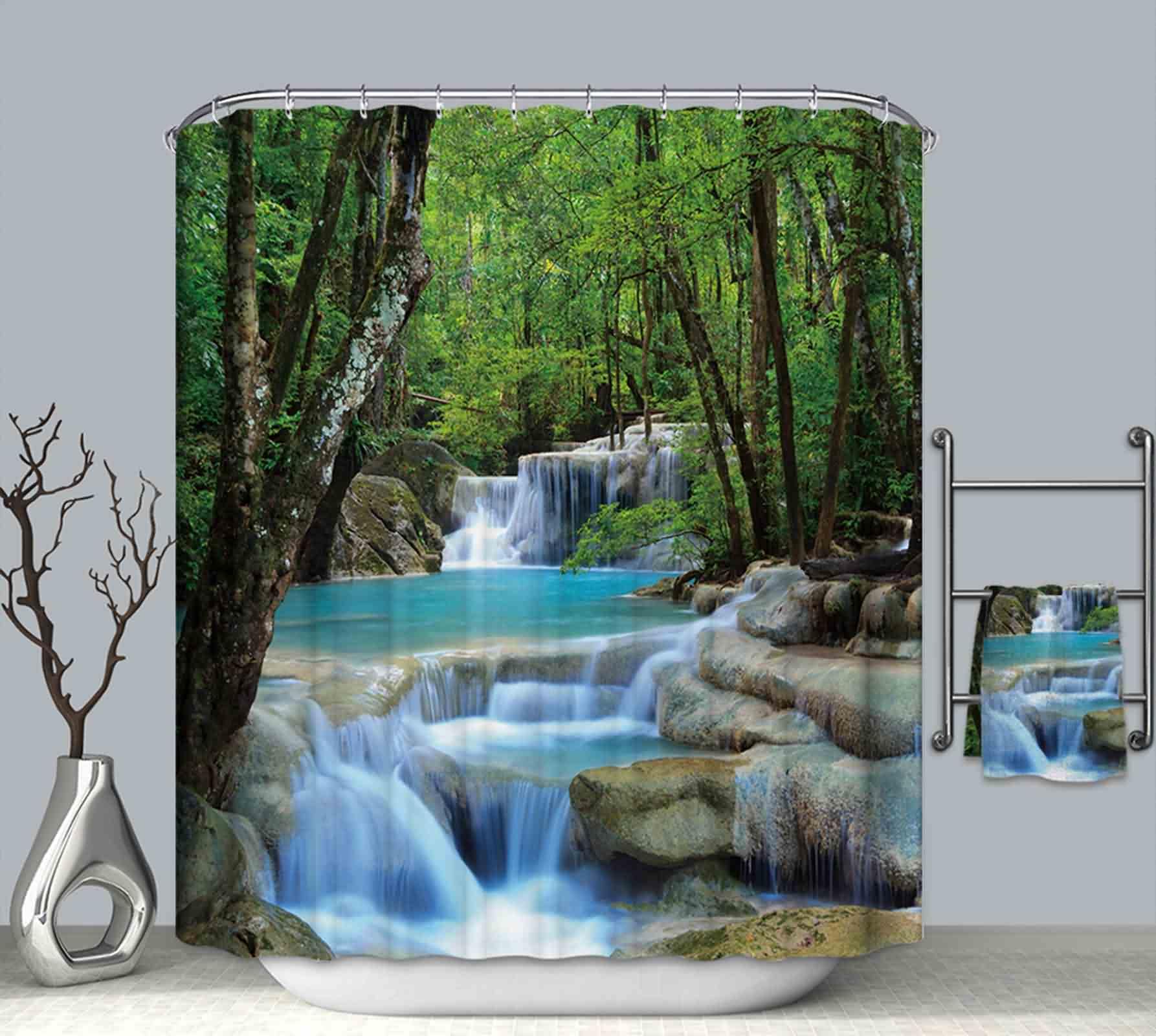 Rideau de douche forêt et ruisseau en polyester vert bleu 200x180cm
