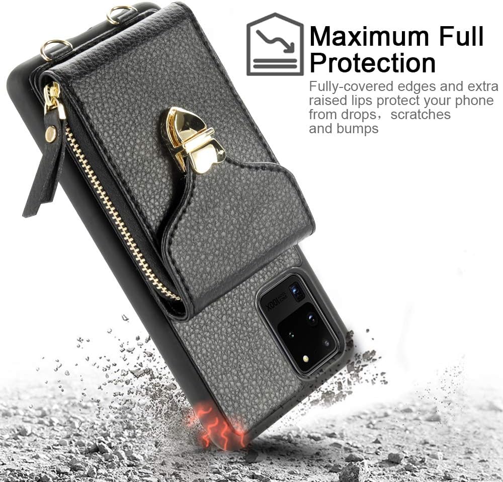 JLFCH Galaxy S20 Ultra Wallet Case, Wallet Case for Samsung Galaxy S20 Ultra 5G Ultra Crossbody Chain Case with Card Slot Holder Wrist Strap Zipper Closure Protective. S20 Ultra 6.9 inch - Black