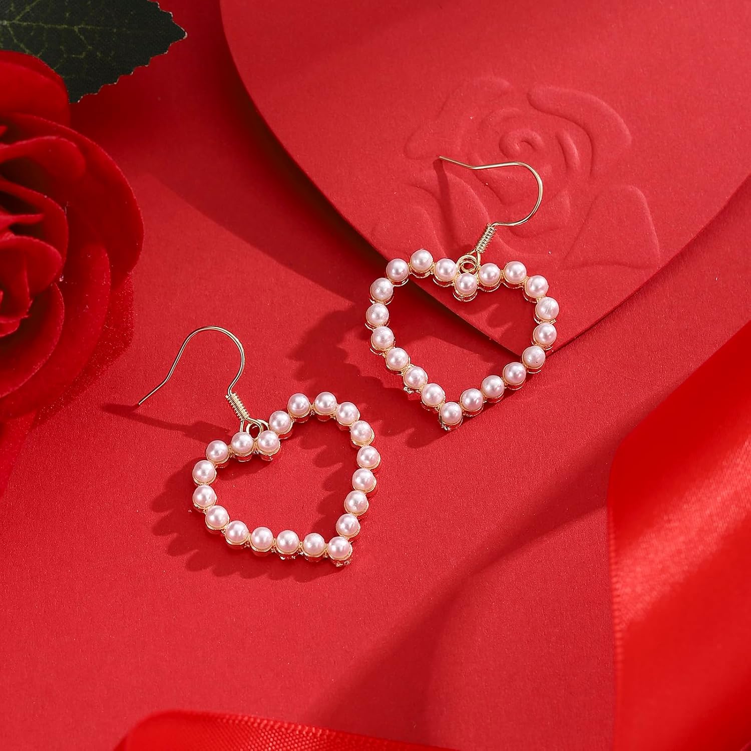 14K Gold Plated Pearl Heart Dangle Hook Earrings for Women, Hypoallergenic Hollow Heart Drop Earrings, Sweetheart Everyday Jewelry, Gift for Valentines Day Christmas Mothers Day - Image 4