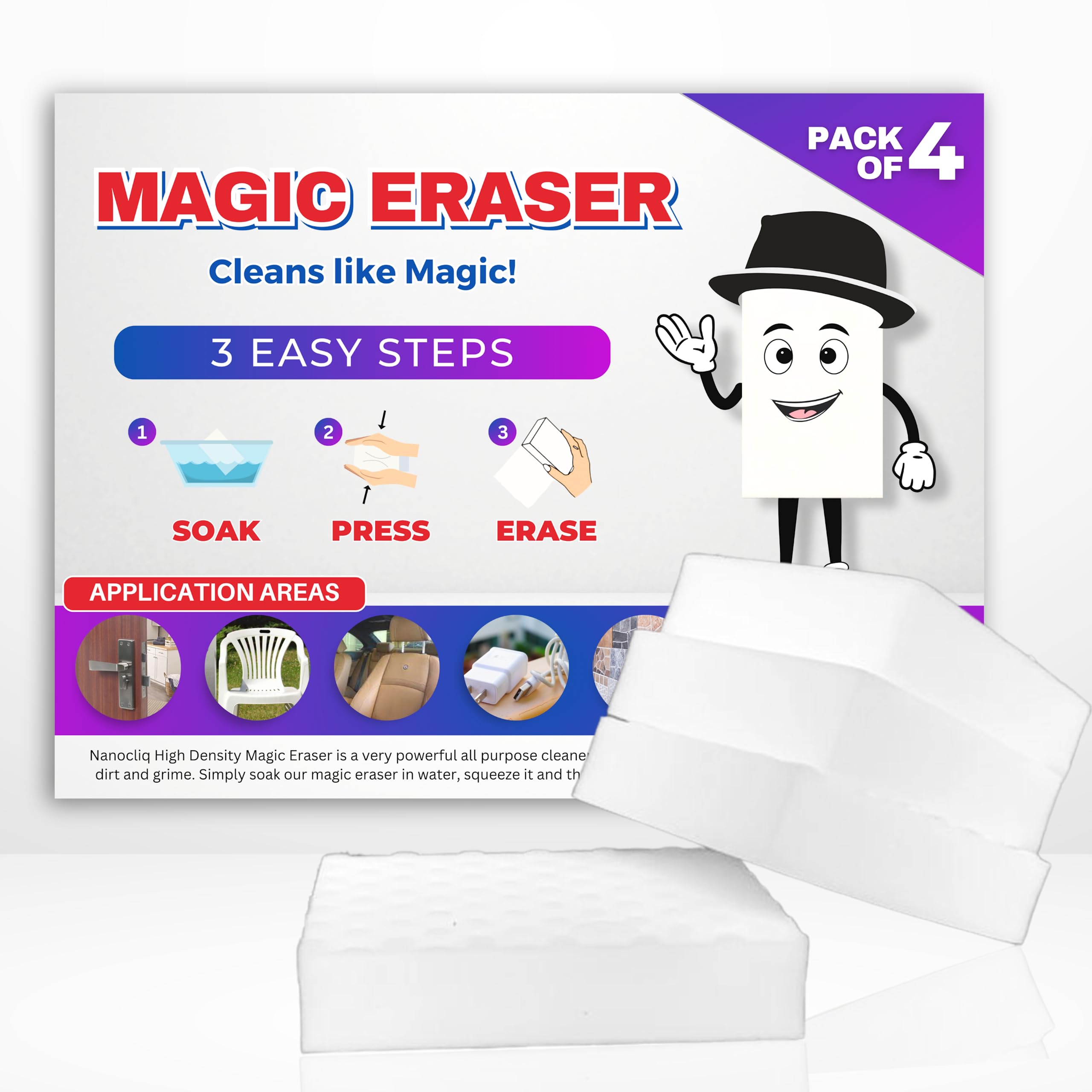 Nanocliq High Density Magic Eraser Sponge Pack of 4 for Home, Office, Kitchen, Bathroom, Tiles Deep Cleaning. Extra Durable Chemical Free Melamine Sponge with Long Life. (B0C9VKJHZD) Amazon Price History, Amazon Price Tracker