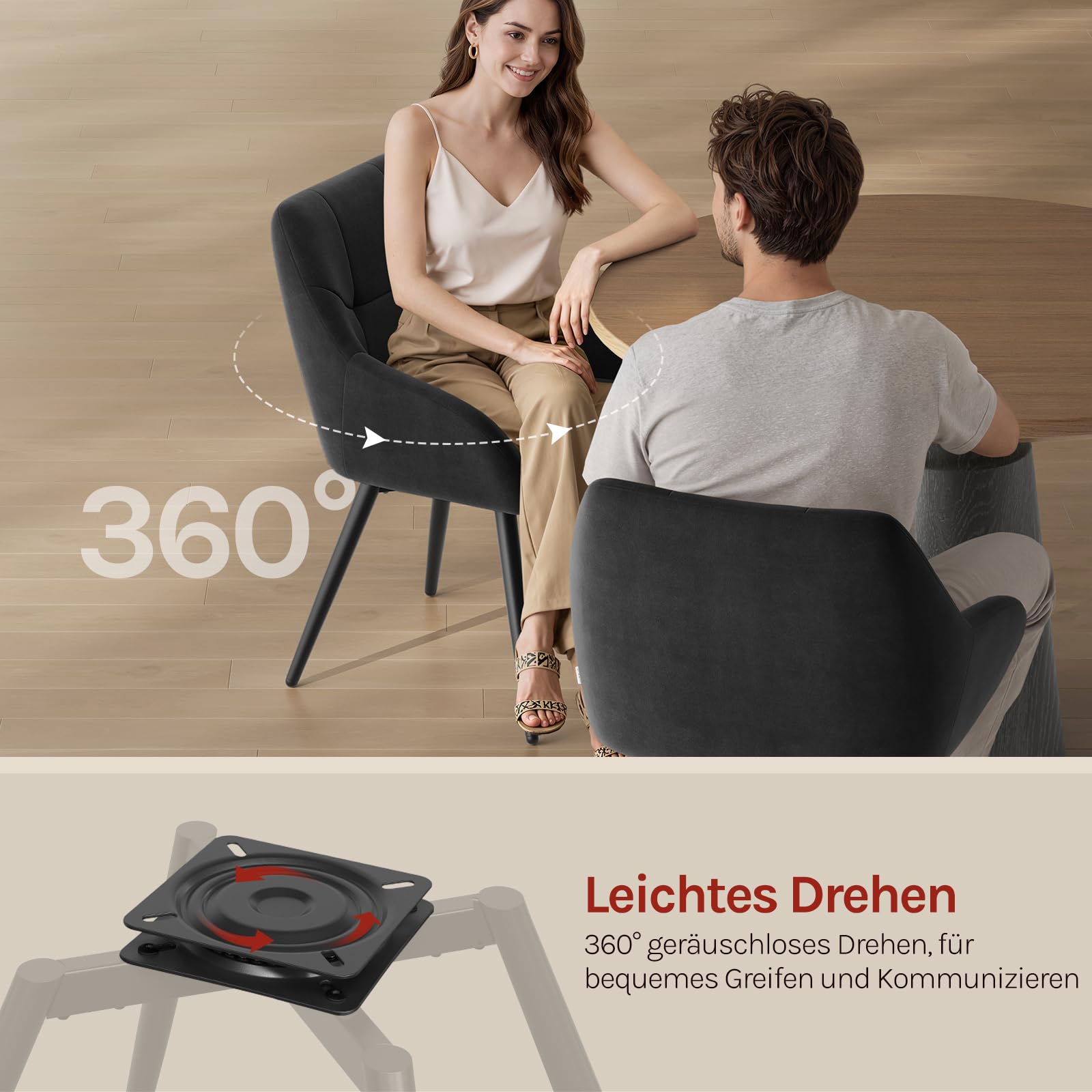 WOLTU Drehbare Esszimmerstühle 4er Set, Küchenstühle mit Armlehen | Bezug aus Samt, Metallbeine, für Wohnzimmer Küche Esszimmer, Schwarz