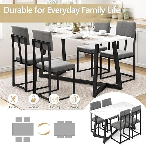 Miniatura 5 de Juego de mesa de comedor de 5 piezas para 4, moderna mesa de cocina de mármol sintético de 47.24 pulgadas con 4 sillas de terciopelo, elegante juego