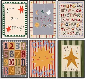 Pyvrah 6Pcs Colorful Kids Room Wall Art Digital Letter Educational Wall Decor Prints 8x10in