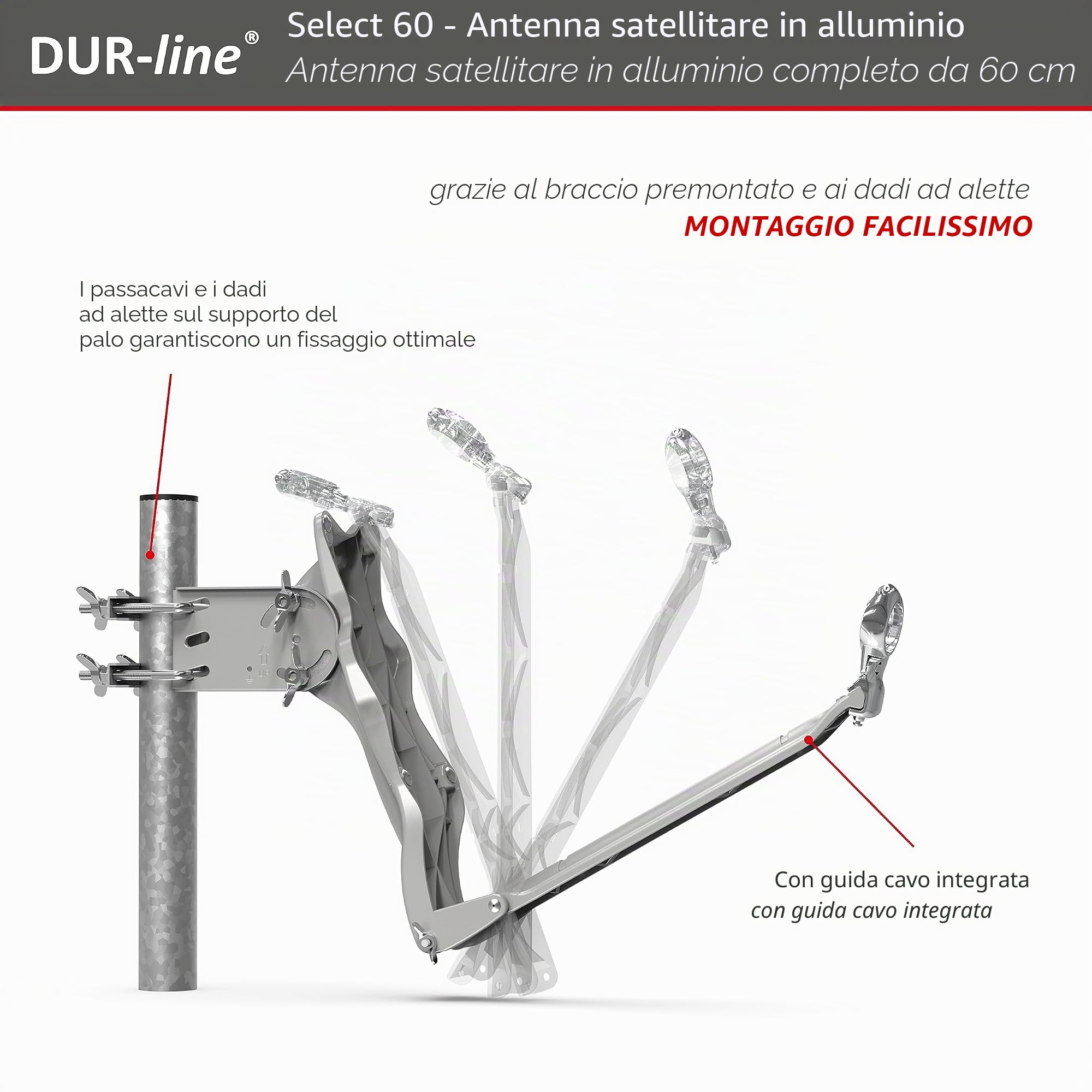 DUR-line Set di 2 partecipanti, impianto satellitare completo in alluminio di qualità, Select 60 cm/65 cm, specchio/ciotola antracite + Twin LNB, per 2 ricevitori/TV [tecnologia all'avanguardia