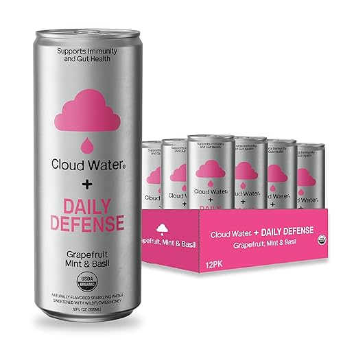 Agua con gas con infusión orgánica con apoyo inmunológico por Cloud Water Paquete de 12 unidades, pomelo, menta y albahaca Soda baja en azúcar y