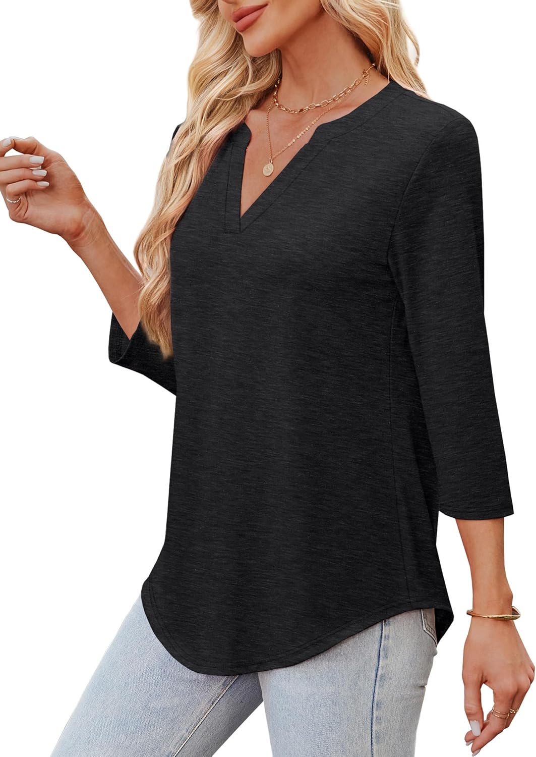 OFEEFAN 3/4 Length Sleeve Womens Tops V Neck Tunic Shirts Loose Curved Hem Blouses Dressy Casual S-3XL - Image 4