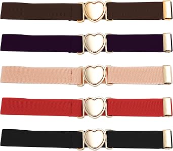 5PCS Girls Elastic Waist Belt with Heart-Shaped Metal Buckle, Adjustable Belts for Kids Size 15-30", Perfect for Pants, Jeans, and Dresses
