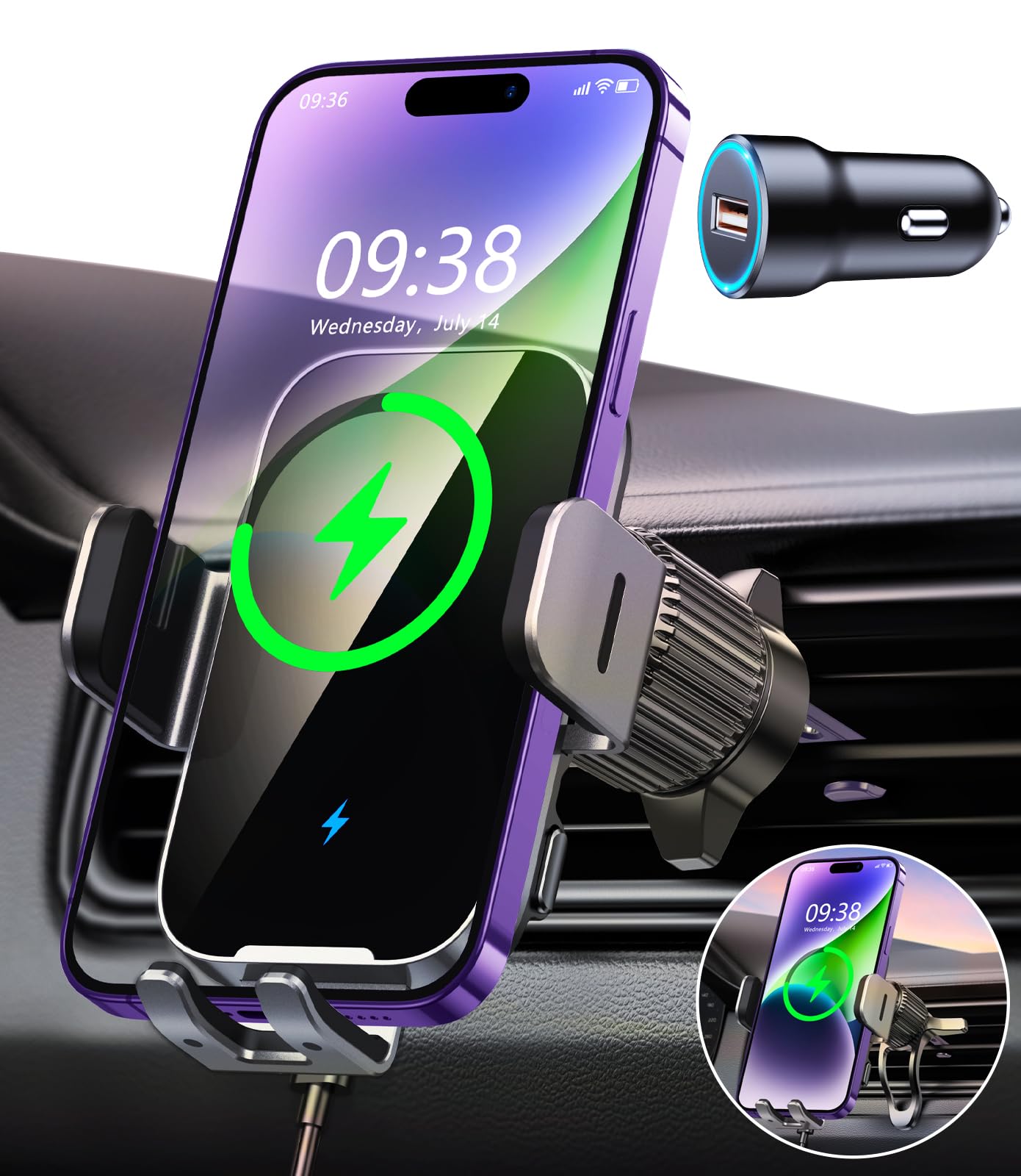 ISEYOU Cargador Inalambrico Coche, [Sujeción Automática] 15W Soporte Movil Cargador Inalámbrico Coche 360° Rotación & QC 3.0 Carga Rápida Compatible con iPhone 17 16 15 Pro MAX, etc