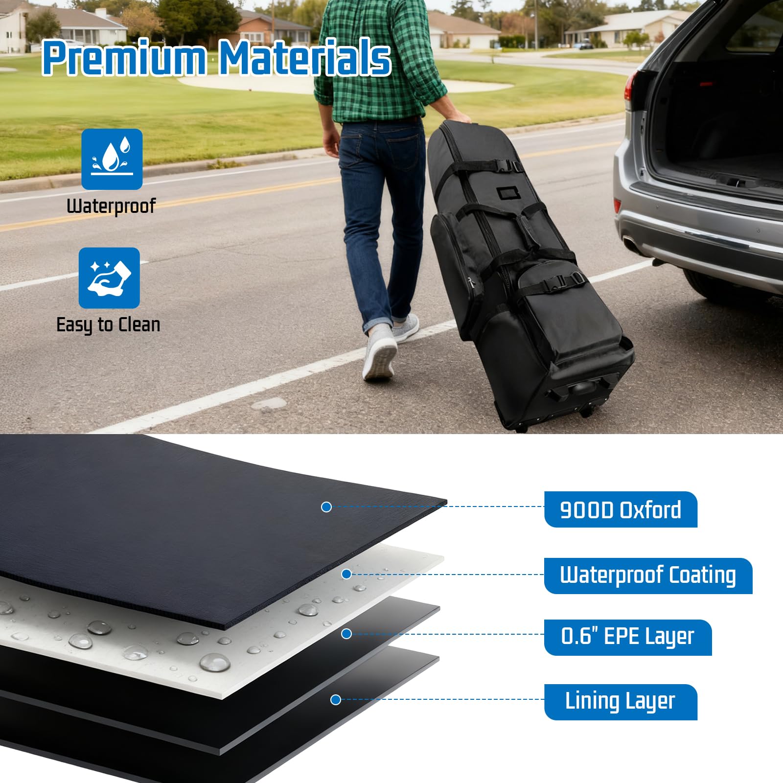 Fundas de Viaje para Golf con Ruedas, Estuche de Vuelo, Tela Oxford 900D Impermeable