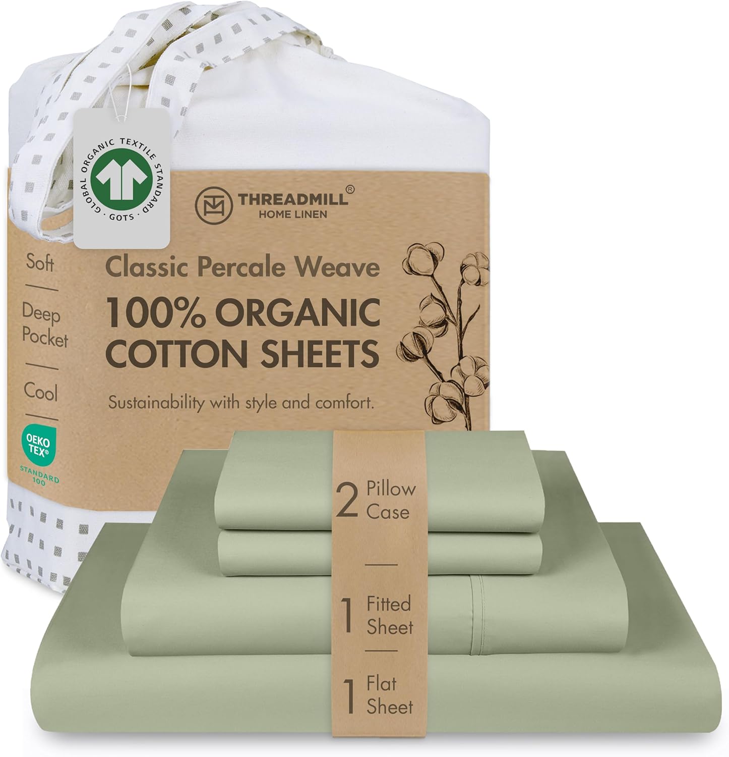 Threadmill Luxury Organic Cotton Sheets - GOTS Certified 4 Piece King Sage Green Percale Sheets Set, Breathable, Premium Sheet Set - Smooth & Cool Bedding Perfect Elastic Deep Pocket Fit