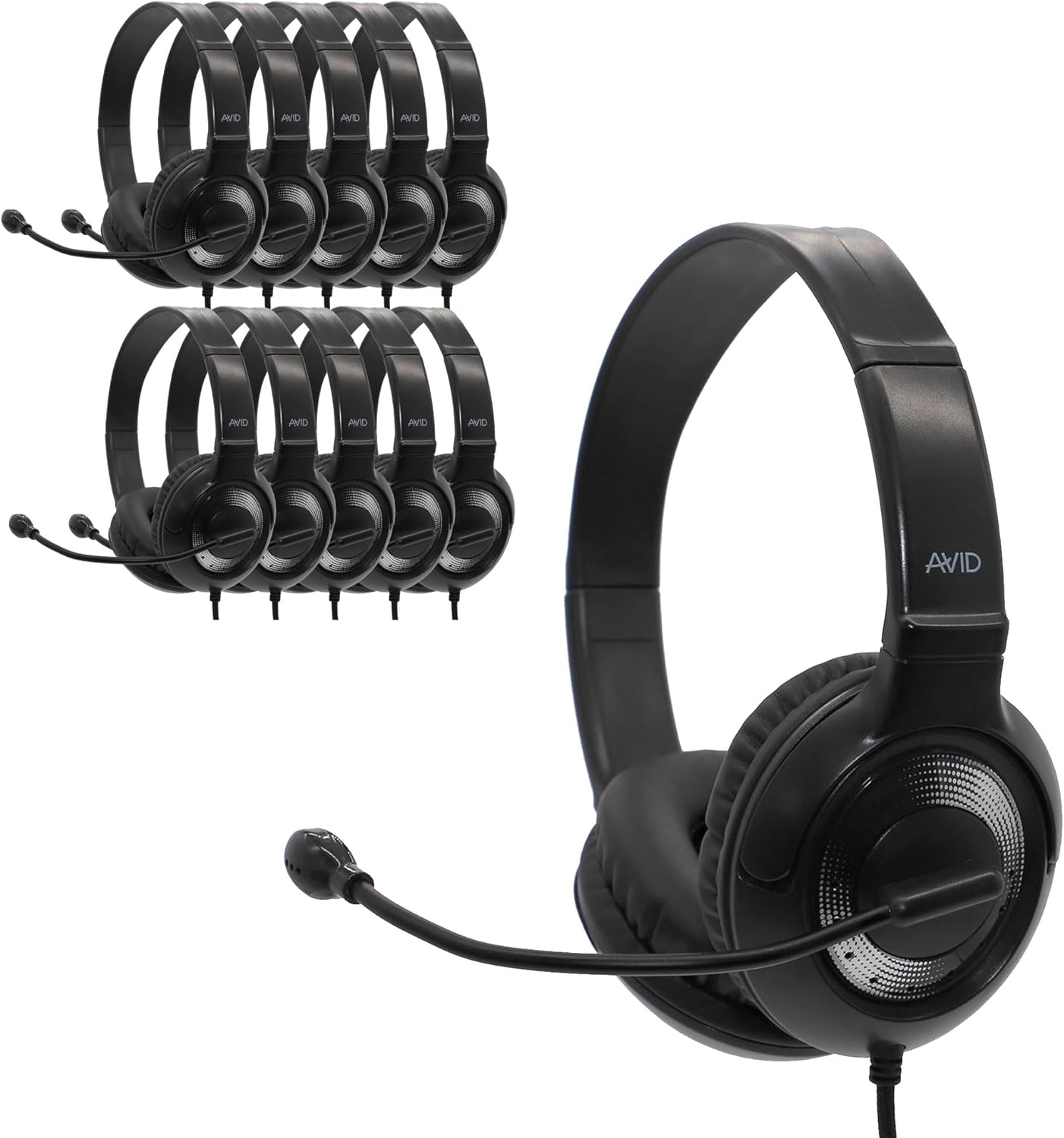 Avid AE‑55 Wired Headset, Noise‑Canceling Mic, 3.5mm TRRS, Black/Silver, Chew‑Resistant Cord, Adjustable On‑Ear, Classroom & Remote Learning (40‑Pack)