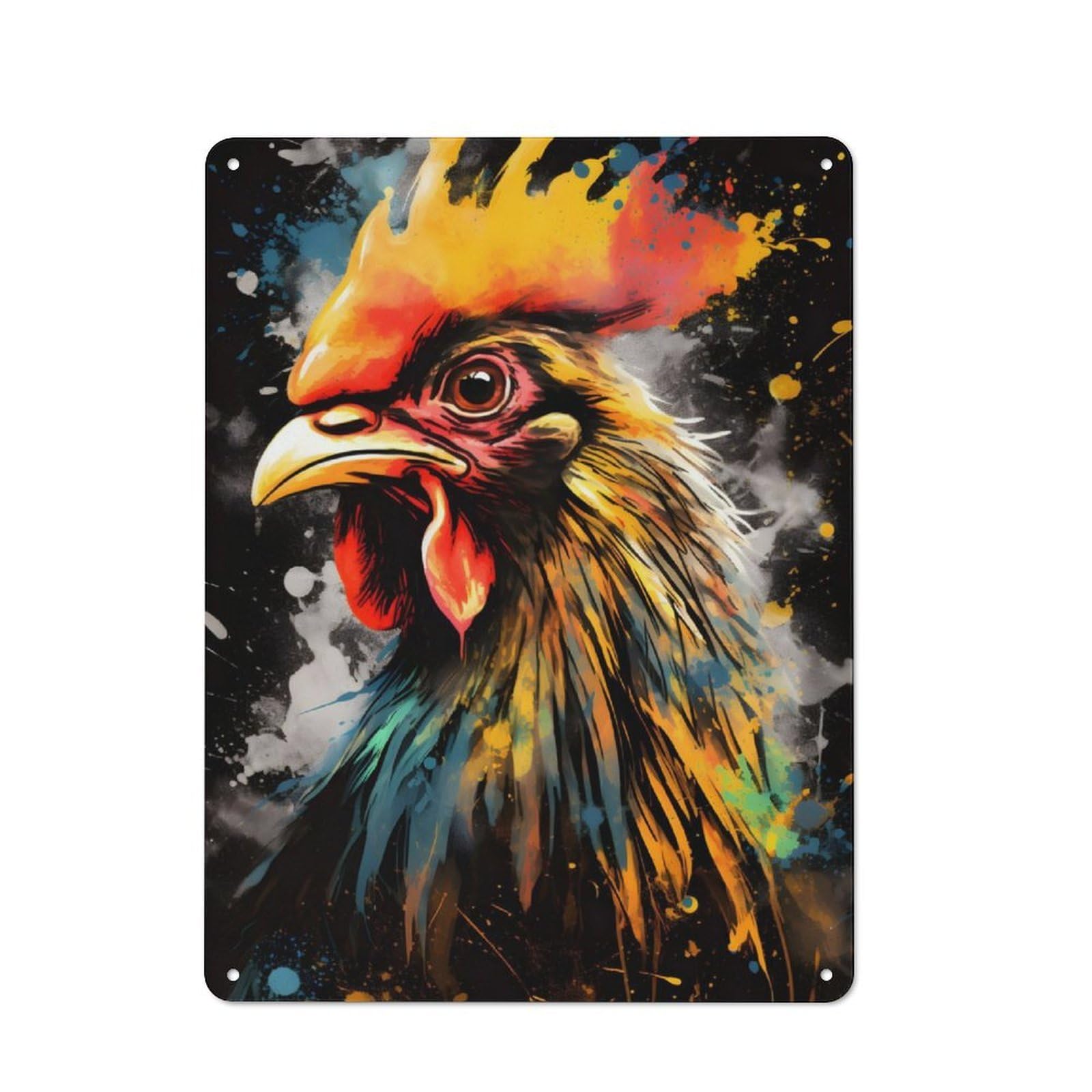Junmoney Colorful Rooster Painting Classic Metal Wall Decor 40X30cm, Metal Wall Plaque For Office, Study, Studio Or Hallway