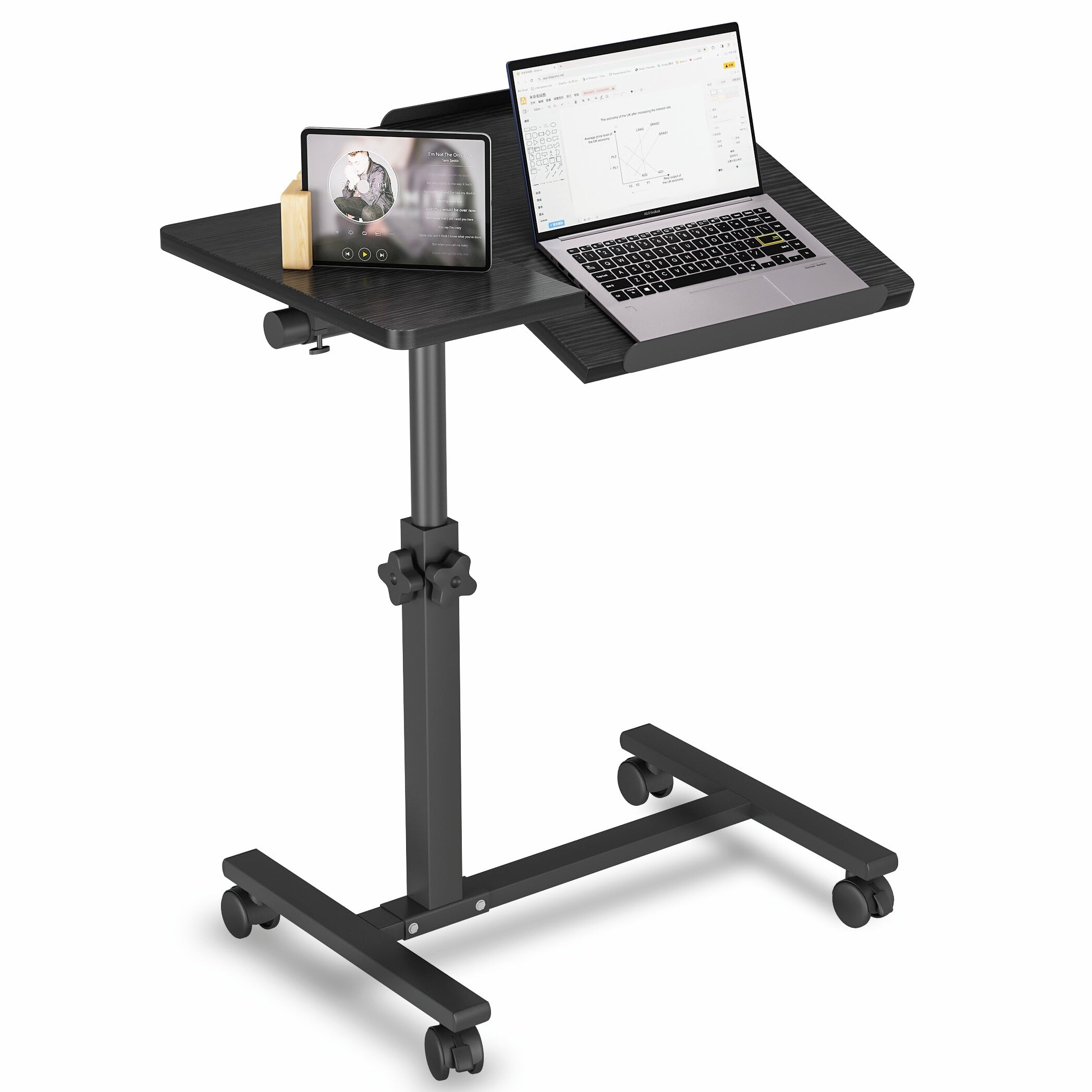 Over The Bed Table with Wheels Rolling Cart Tilting Sofa Laptop Stands Hospital Tray Medical OverbedTables-Black