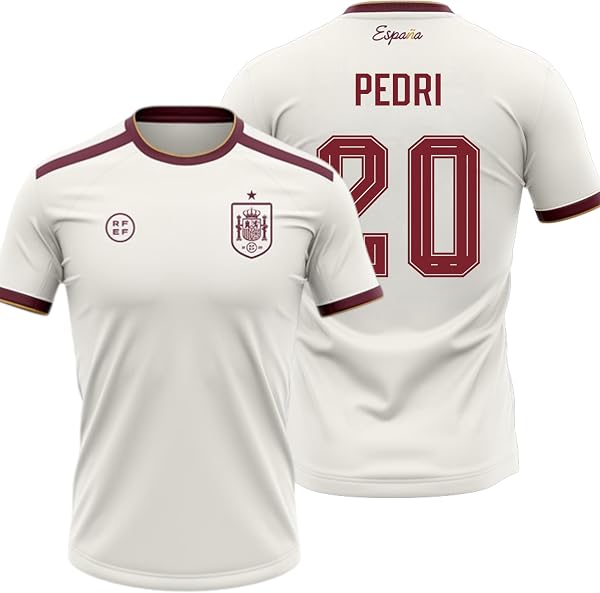 Camiseta España 2026-2028 | Pedri 20 Dorsal y Nombre | Color Blanco con Detalles Granate | Manga Corta | Diseño Futbol Aficionados | Tejido Transpirable Deportivo - 1