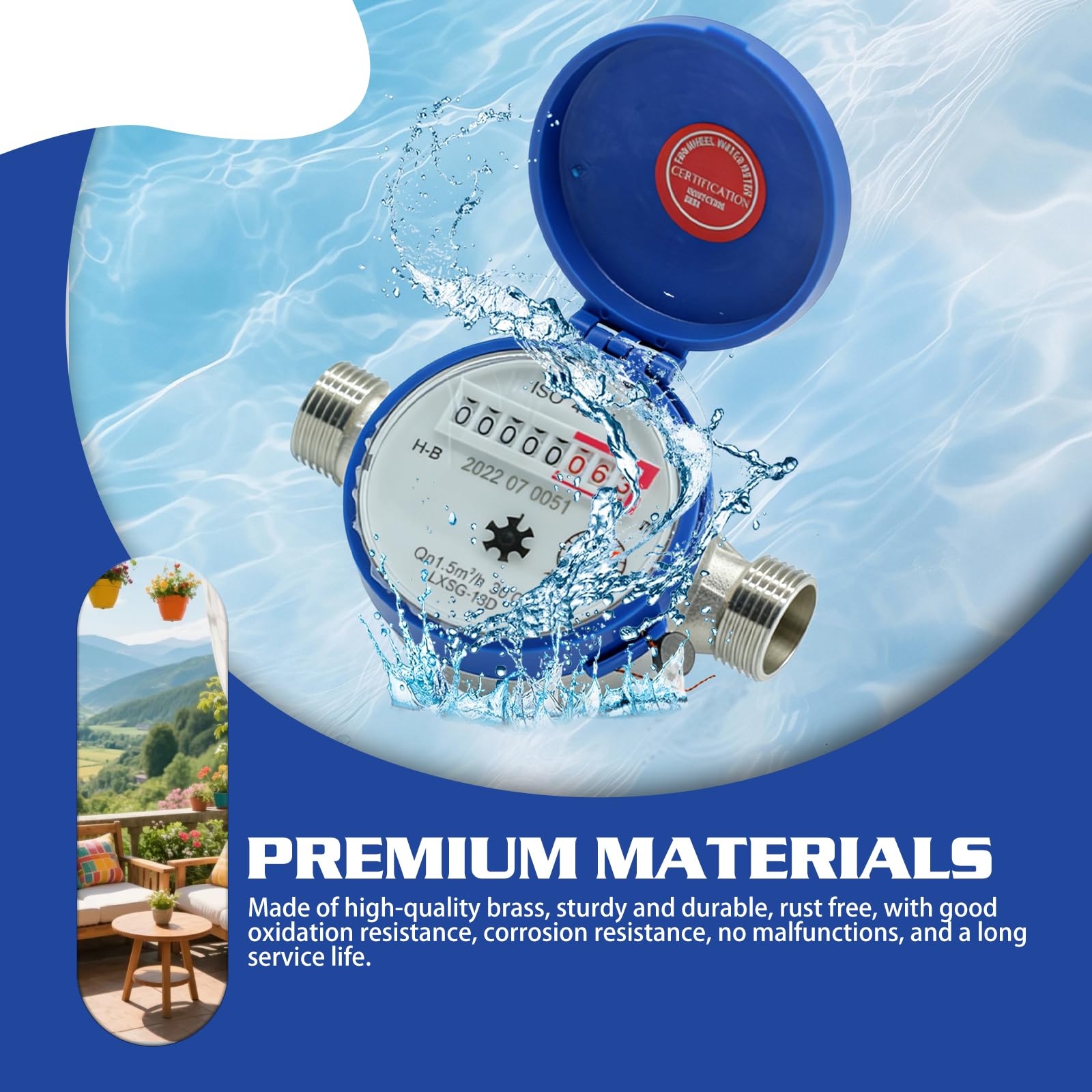 Compteur d'eau froide calibré 1/2" - Compteur d'eau de jardin avec couvercle de protection - Robinet - Compteur d'eau froide - Meilleure précision de mesure - Affichage numérique de 0 à 40 °C