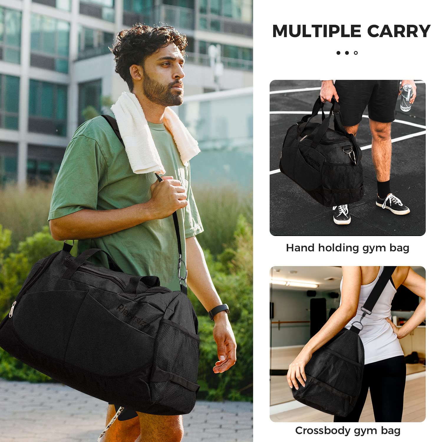 Sac de Sport 40L avec Compartiment Chaussures – Waterproof, Multiusage, à Bandoulière ou Fourre-Tout (Noir o2)