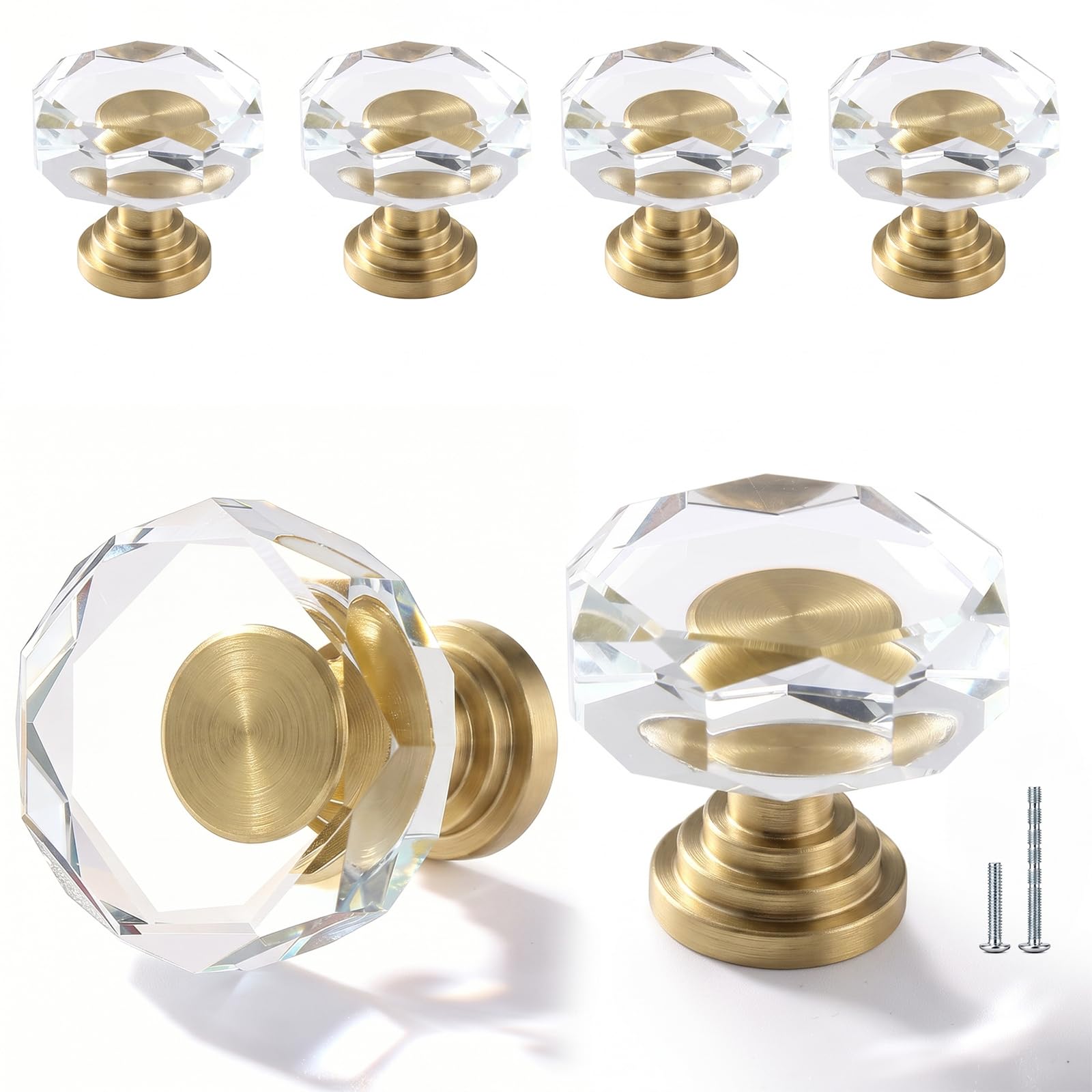12 Pack 1-1/4 Inch Glass Crystal Cabinet Knobs, Brass Polygon Drawer Pulls — Amazon image 16