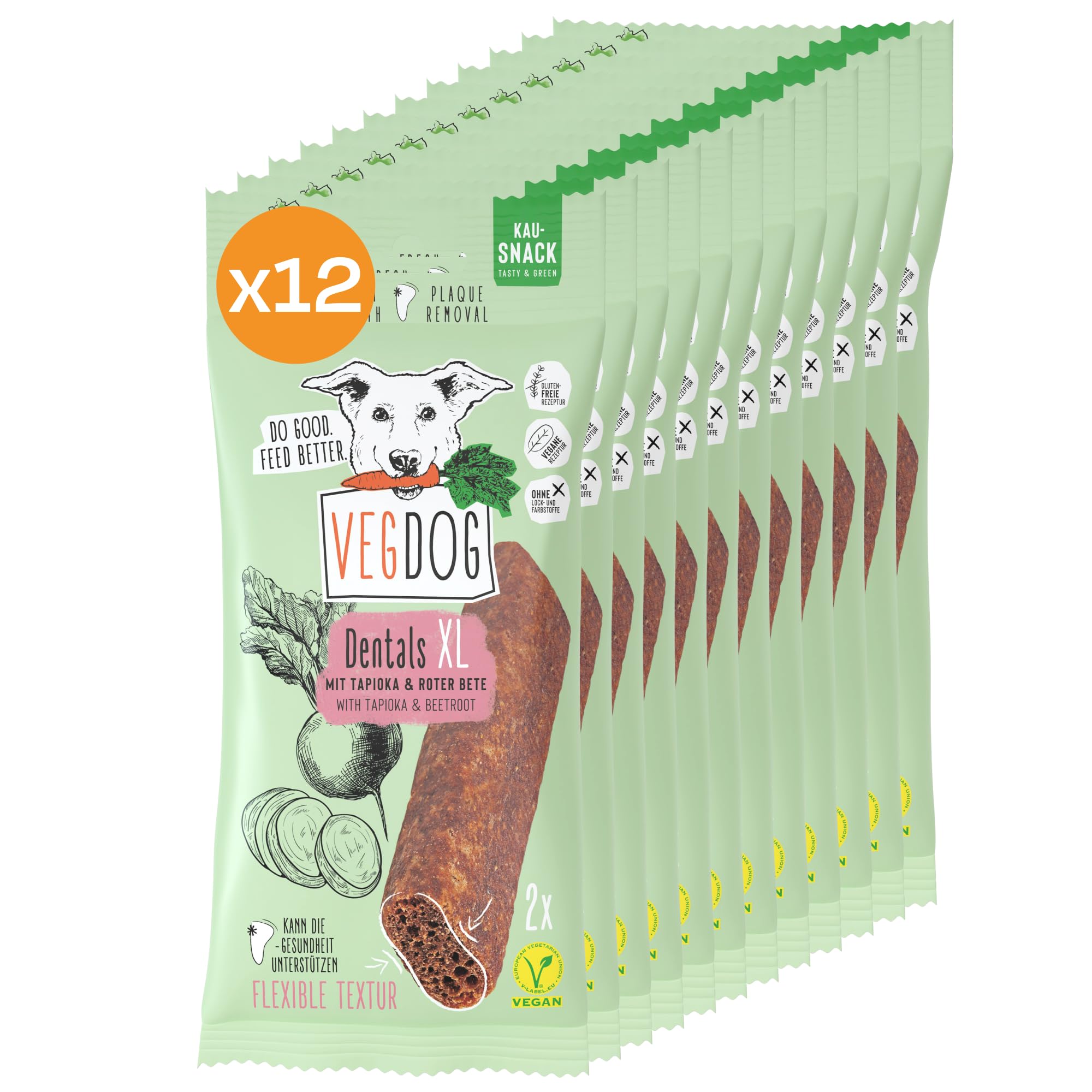 VEGDOG Dentals XL hypoallergene Kausticks für große Hunde (12 x 100 g) | fettarmer Kauspaß für gesunde Zähne | Zahnpflege für Allergiker mit Kartoffel und Tapioka