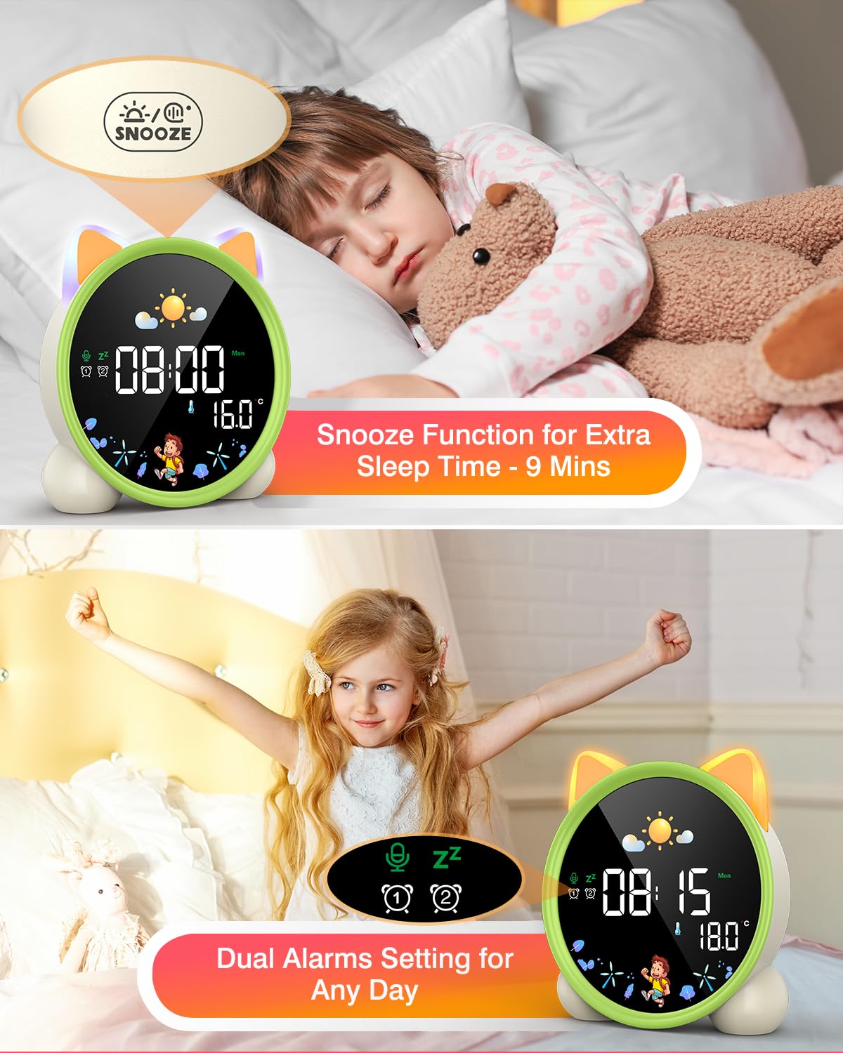 Lemnoi Budzik dla dzieci, zegar trenera snu dla dzieci, zegar OK to Wake z trybem słońca i księżyca, odliczanie/timer, podwójny alarm, regulowane światło nocne, muzyka do spania, drzemka, temperatura
