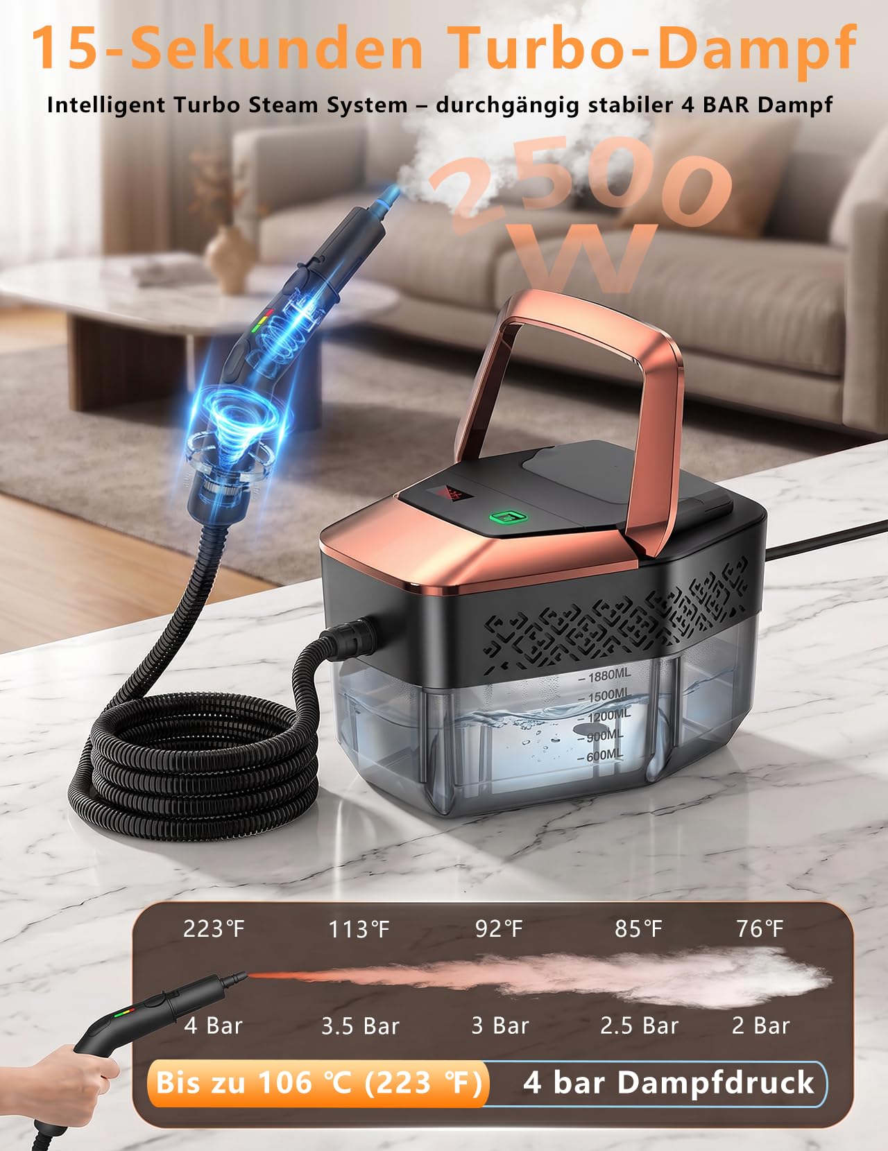 Limpiador a vapor de mano de 1,25 l, depósito de 4 bares, alta presión | Inicio rápido 15S, 6 niveles de vapor, contra la grasa y el moho