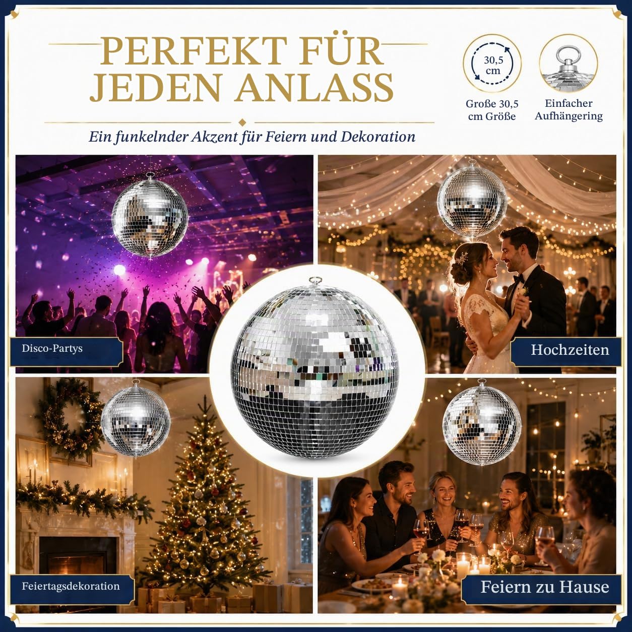 Youdepot 30 cm Discokugel, Große Silberne Spiegelkugel zum Aufhängen, Glitzerkugel Deko für Hochzeit, Weihnachten, Geburtstag, Party, DJ Bühne, Musikzimmer und Zuhause