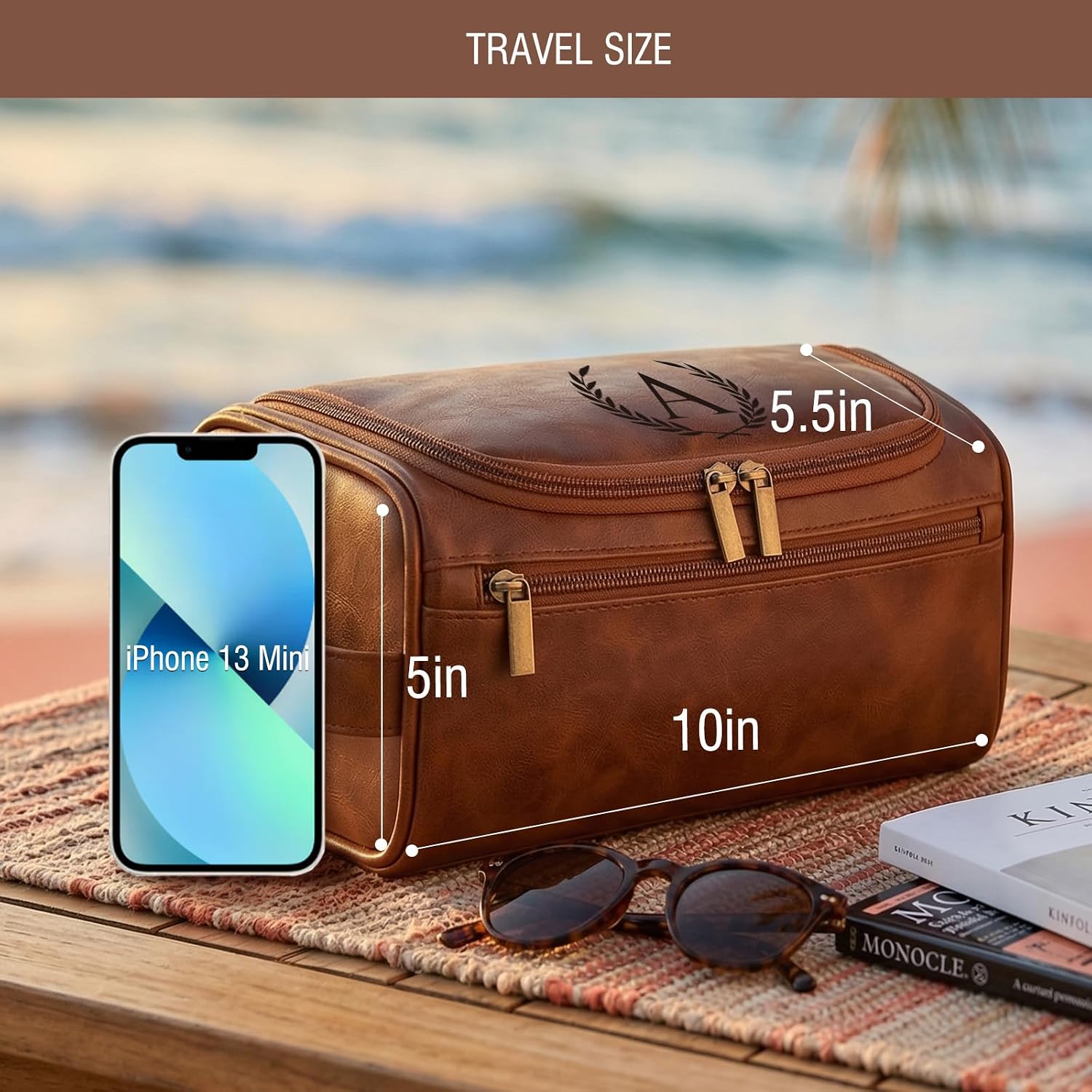 Travel Toiletry Bag Hanging For Mens PU Leather - Yellow Brown (Initial M) image 2