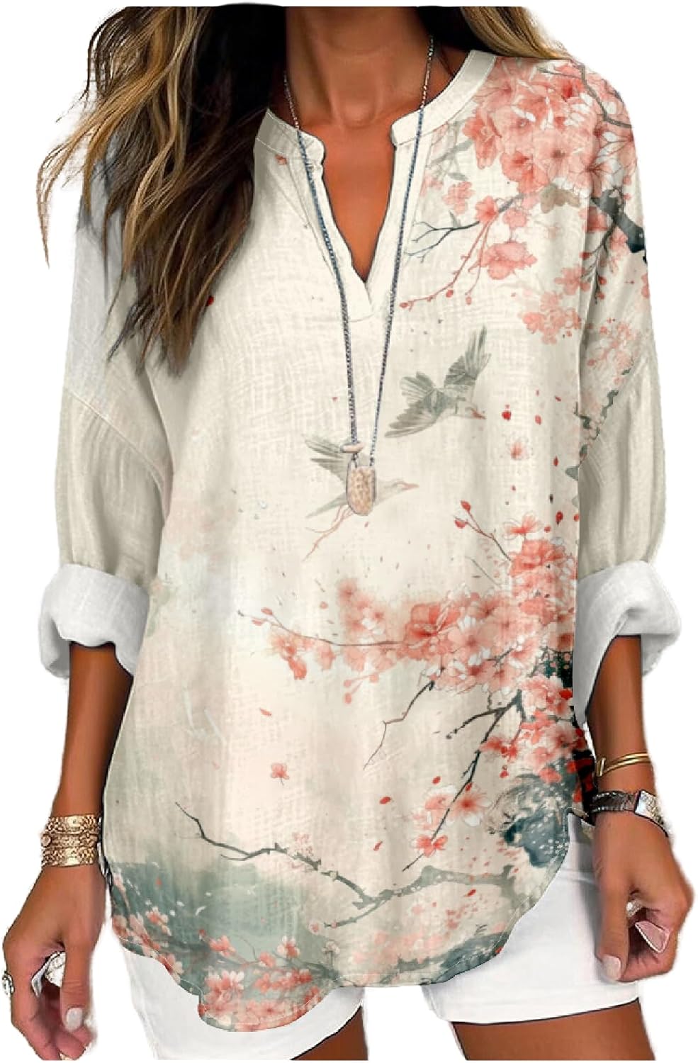 MARSVOVO Japanese Art Style Shirt for Women Long Sleeve Novelty Graphic Tops V Neck Oversize Vintage Causal Pullover