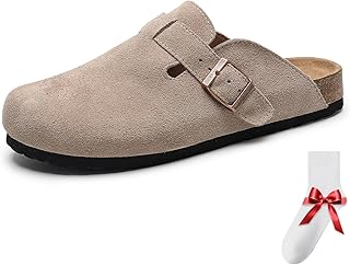 LIWEGHT Unisex Suede Leather Wooden Sole Sandals – Casual Outdoor Slip-On Mules with Arch Support Soft Cushioned Footbed C...