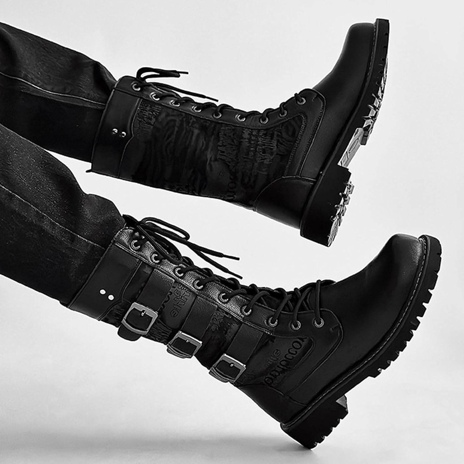 Men'S Black Leather Platform Combat Boots Retro Round Toe Multi-Buckle Chunky Lug Sole Lace-Up Motorcycle Boots Comfortable Work Party Punk Ankle Boots
