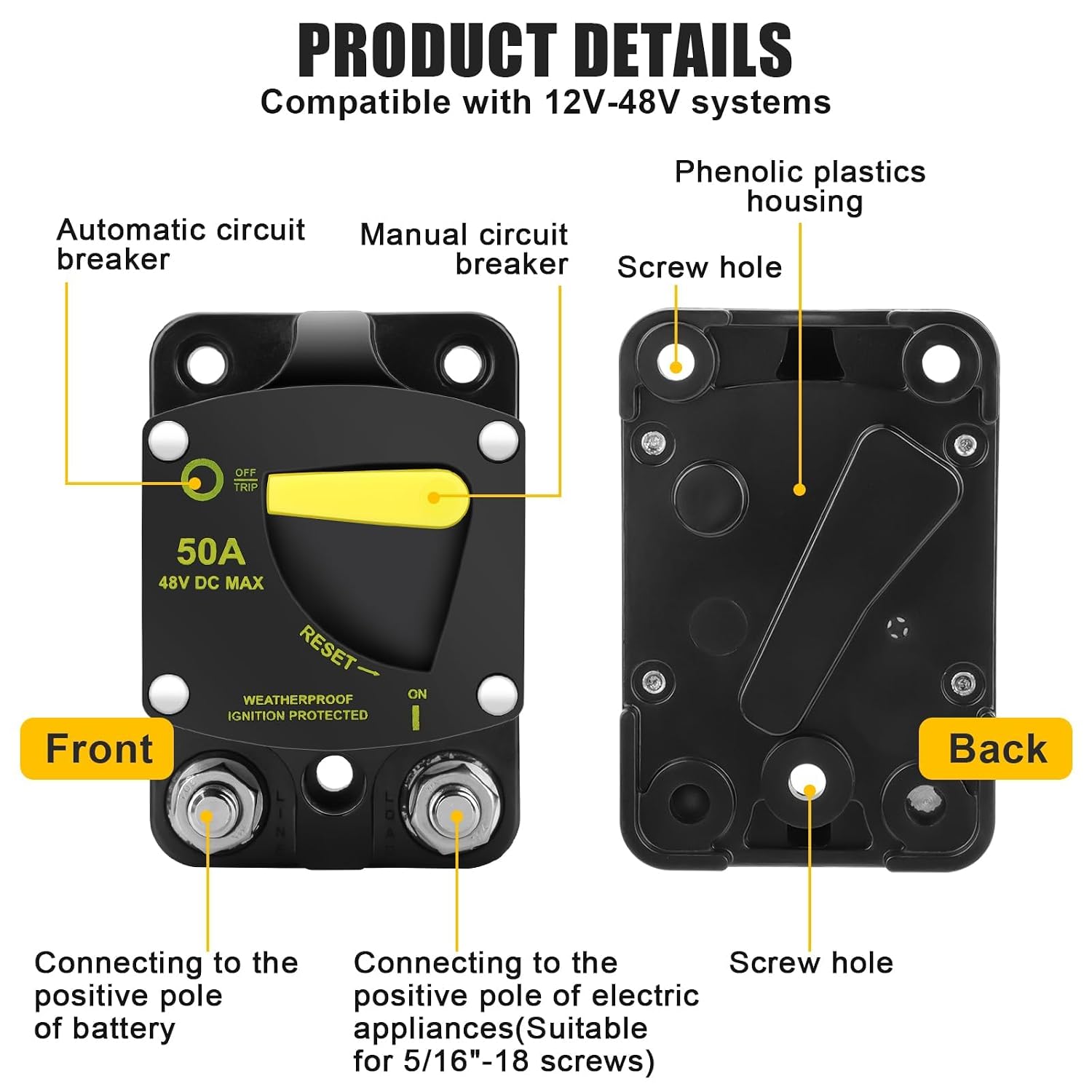 Linkstyle 50Amp Circuit Breaker W/Manual Reset Switch, for Car RV Marine Boat Truck Trolling Motors Battery Solar System
