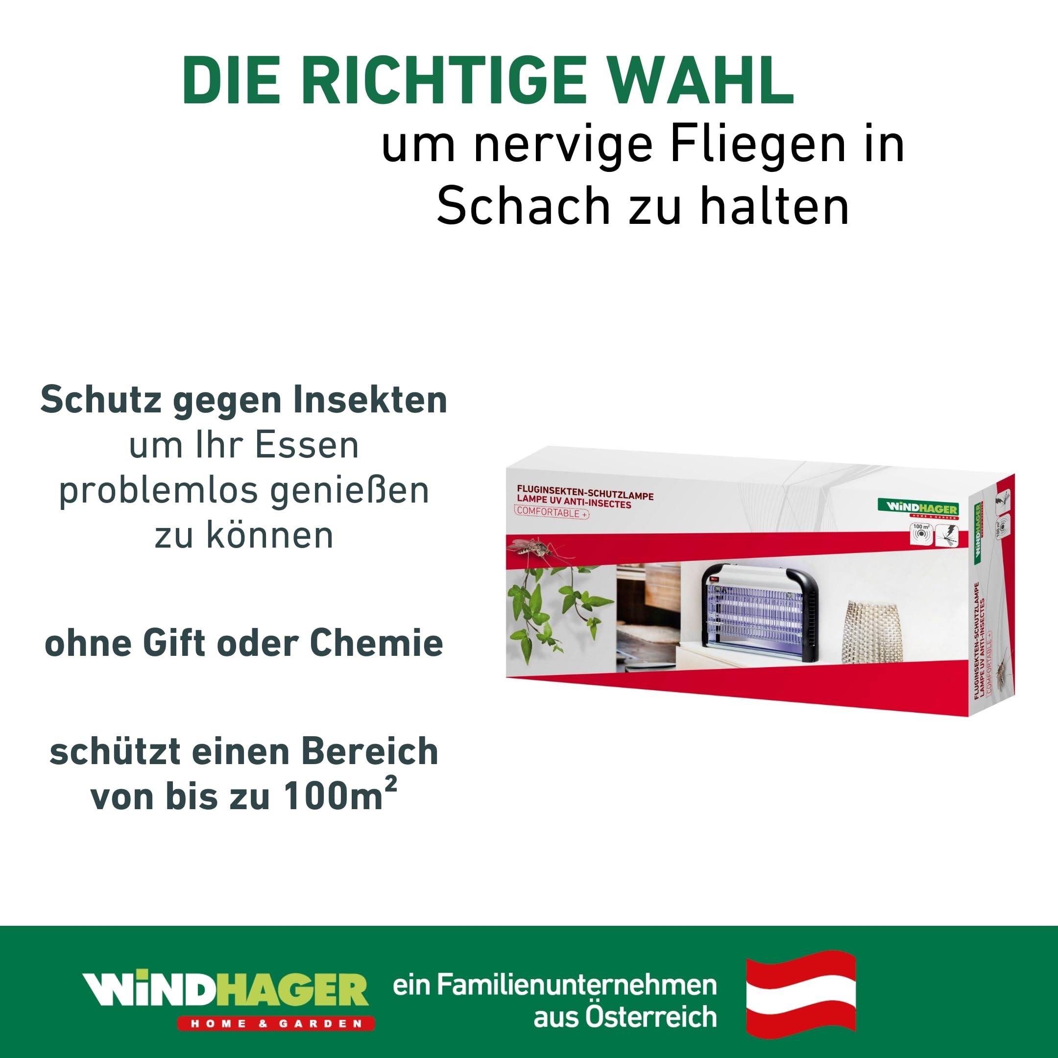Windhager Fluginsekten Schutzlampe Comfortable +, Insektenvernichter, Insektenlampe, Mückenvernichter, Mückenschutz, Gift-und chemiefrei, für 100m², 20Watt, 03529