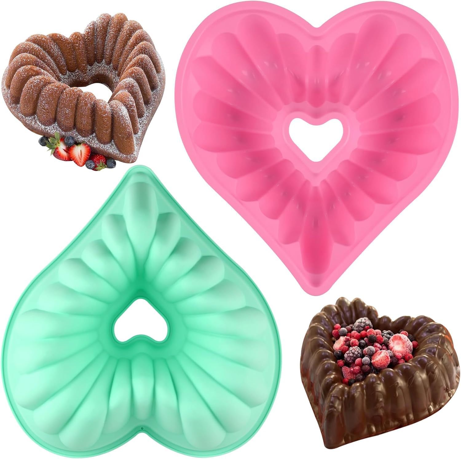 2 Pezzi Stampo per Torta a Forma di Cuore, 23.5 cm Stampo Ciambella in Silicone, Stampo Ciambellone Antiaderente per San Valentino, Matrimonio, Compleanno, per Dessert (Rosa e Verde)