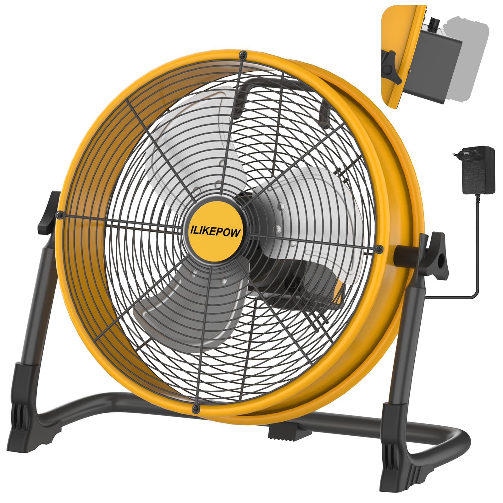 Akku Bodenventilator kompatibel mit Dewalt 18/20V Akku, 12 Zoll Kabelloser Ventilator Leise, Netzteil, USB Ladeanschluss, Stufenlos Regelbar für Baustelle, Werkstatt, Camping (ohne Akku)