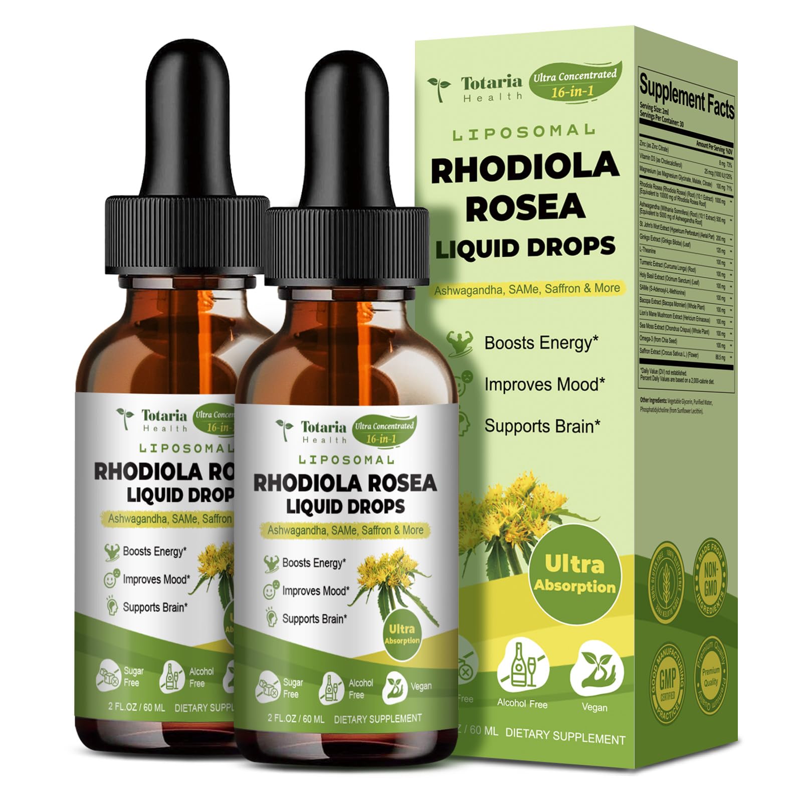 Liposomal Rhodiola Rosea Tincture, Ultra Strength Rhodiola Supplement with Ashwagandha, Saffron, Magnesium, SAM-e, Rhodiola Rosea Extract Liquid Drops for Natural Relaxation, Mood, Energy, Pack of 2