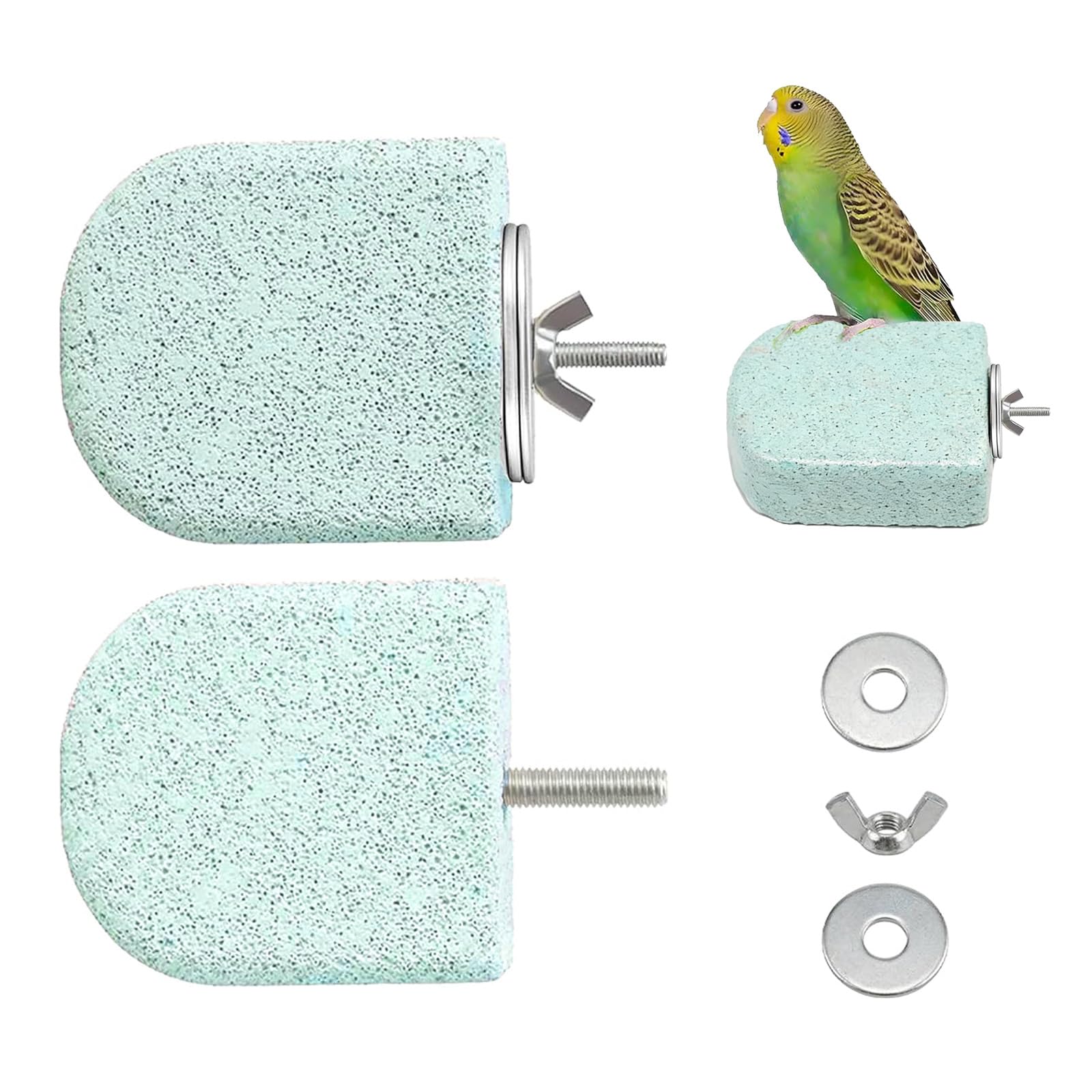 Pet Grinding Stone Perch Set – 2 Pcs Natural Pumice Bird Perch Platform, Lava Ledge – Nail and Beak Grooming Perches for Budgies Cockatiels Conures Small Birds – Easy Cage Attachment, Cyan