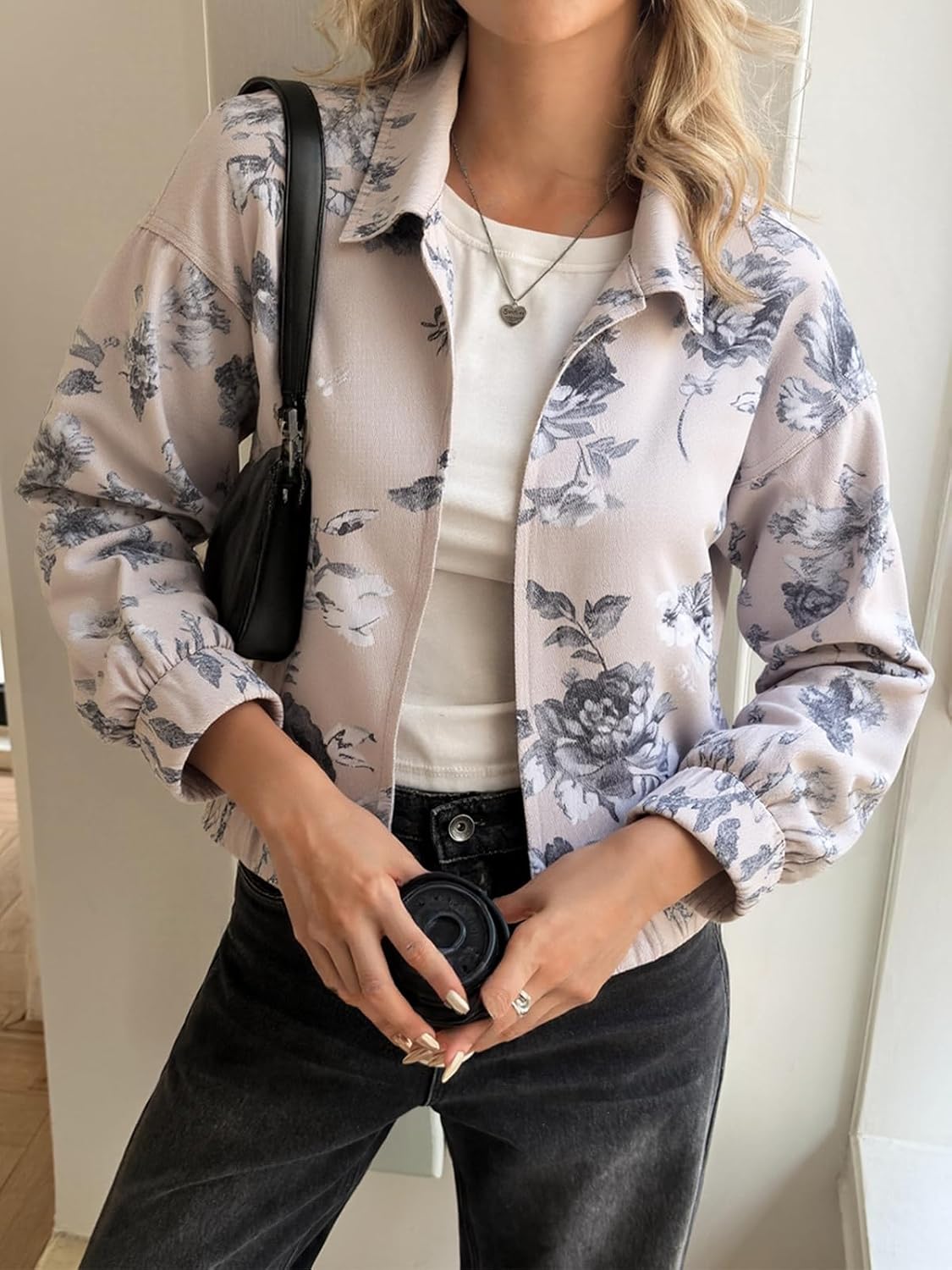 Cicy Bell Womens Floral Zip Up Bomber Jackets Cropped Long Sleeve Denim Coats Trendy Casual Collared Vintage Outerwear - Image 3