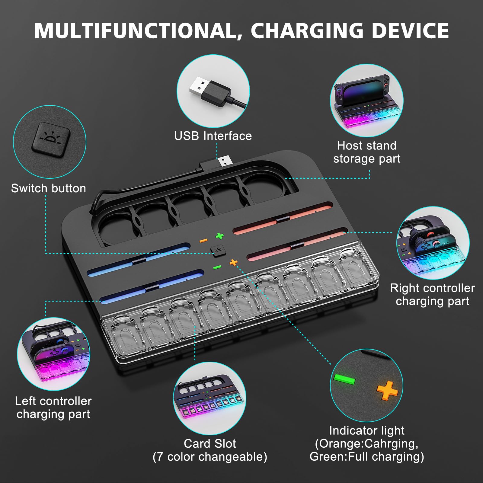 Stazione di Ricarica Joy Con Switch 2 (2025), Stazione di Ricarica per Controller Switch 2 con 7 Luci RGB, Ricarica 4 Impugnature Switch 2, Contiene 9 Schede di Gioco Switch e Accessori per Console Sw