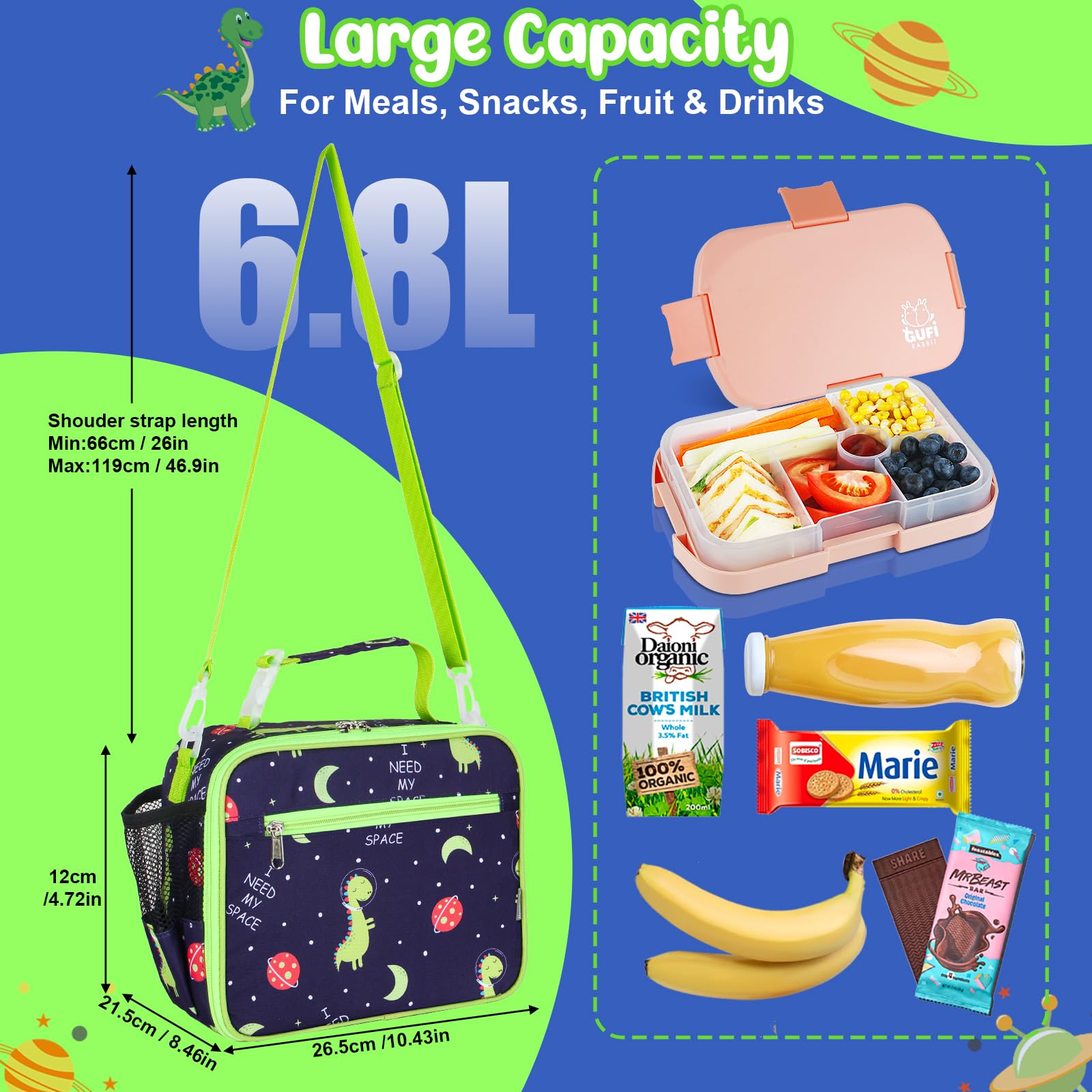 Homtibrm Insulated Lunch Bag, Kids Lunch Cool Bag with Adjustable Strap - Image 2