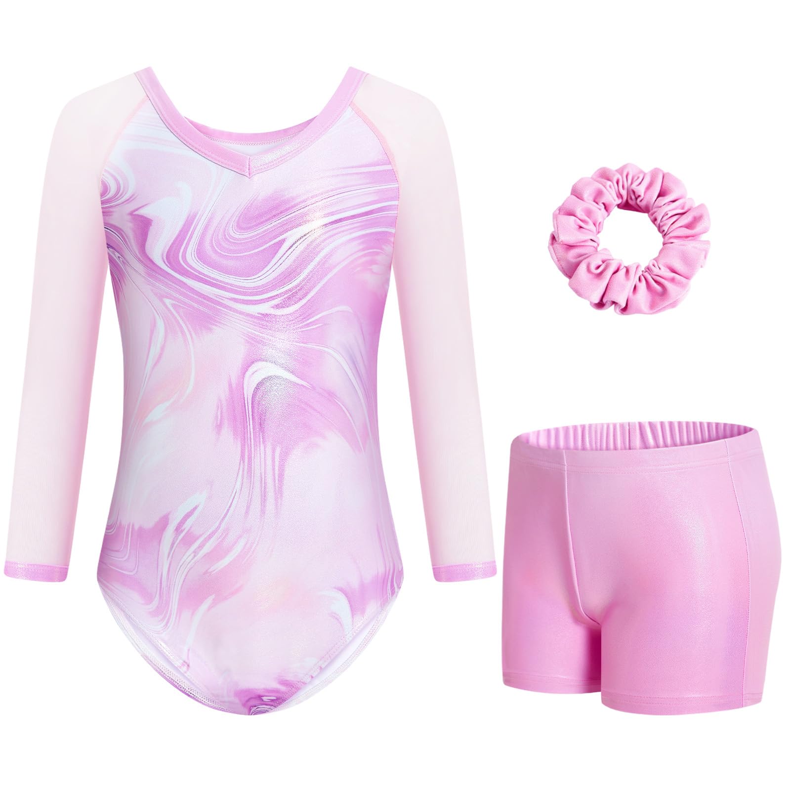 Gogokids Meisjes 3-delige turnpak met V-hals, 3/4-mouw turnoutfit met mesh splicing design, fonkelende turnkleding voor meisjes met shorts en haarband voor leeftijd 3-12 en als turncadeau, lila, 150