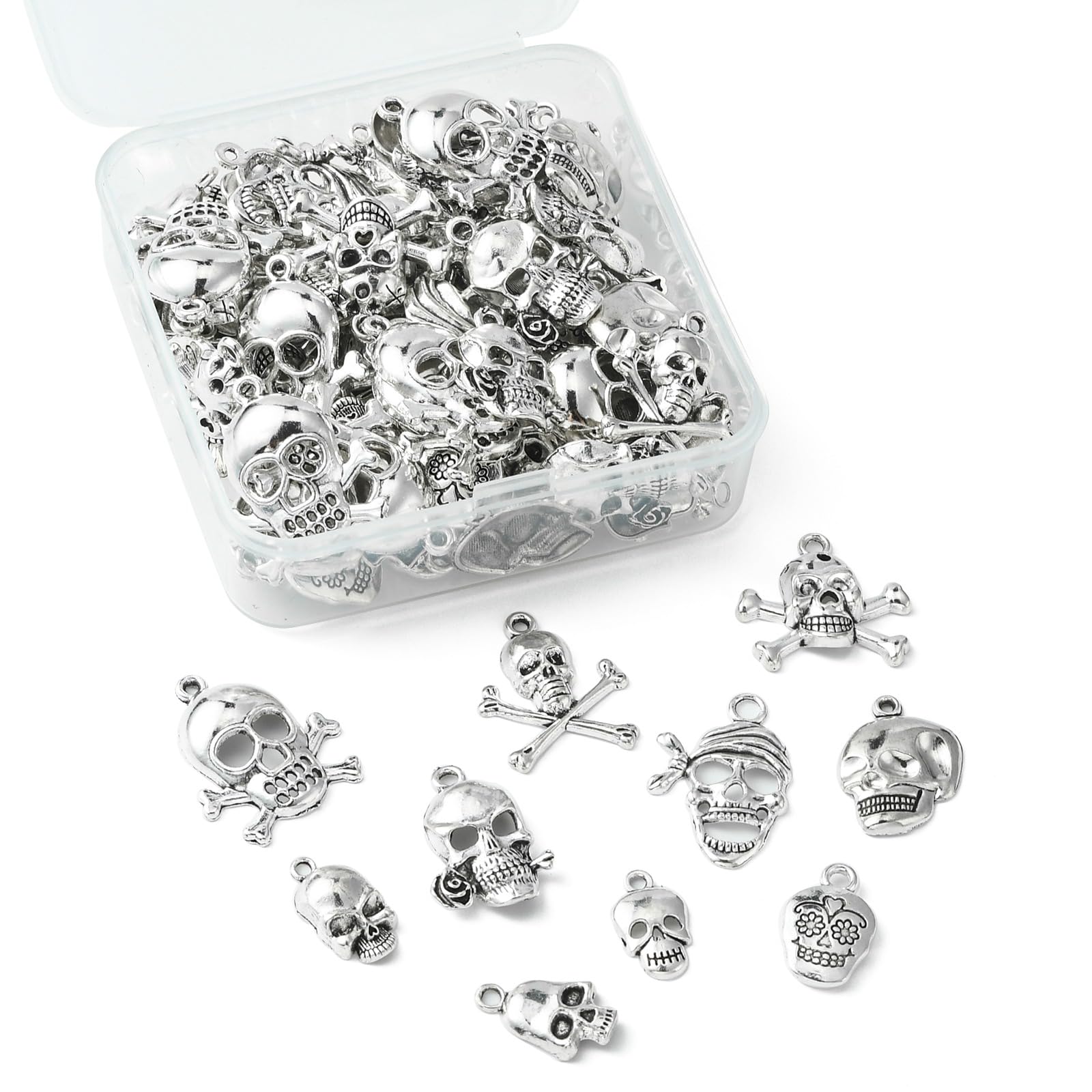 Stiesy 100Pcs 10 Style Tibetan Skull Charms Antique Silver Skeleton Bone Charm Bulk Vintage Halloween Skull Head Dangle for Bracelet Jewellery Making DIY Crafts Necklace - Image 3