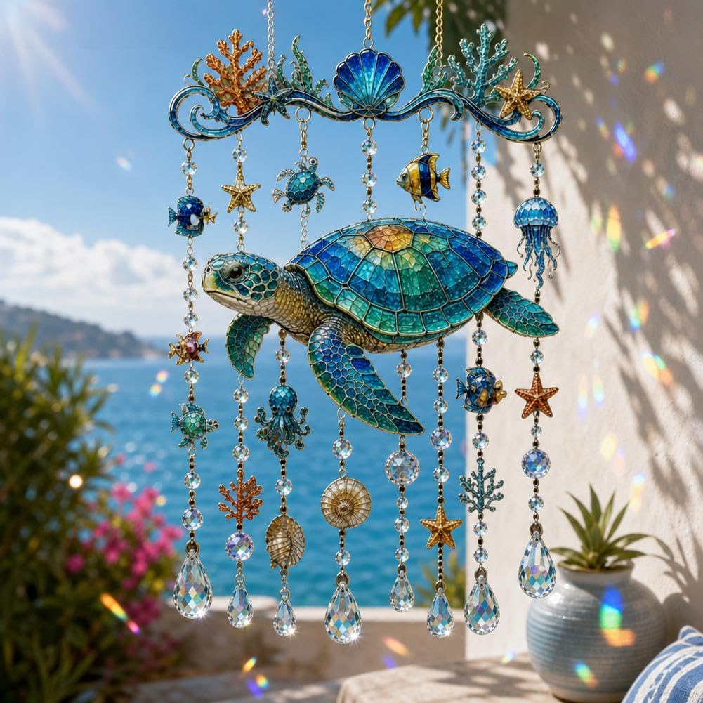 Ocean-Themed Crystal Wind Chime–Bring the Ocean Glow to Your Garden,Sea Turtle Whale Dolphin Hanging Sun catcher with Prism Drops,Coastal Beach Garden Decor for Patio, Porch, Balcony,Window,Backyard