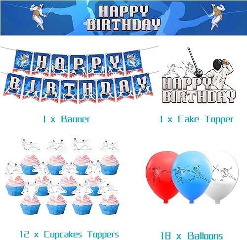 Miniatura 6 de Decoraciones de fiesta de esgrima, suministros para fiesta de cumpleaños, incluye pancarta de feliz cumpleaños, decoración de pastel, decoración de