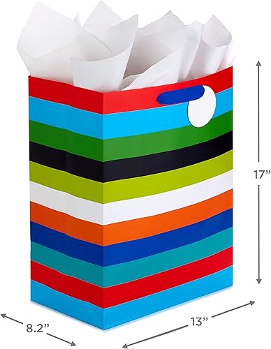 Miniatura 3 de Hallmark Bolsa de regalo extra grande de 17 pulgadas con papel de seda (rayas arcoíris) para cumpleaños, graduaciones, baby showers, día del padre
