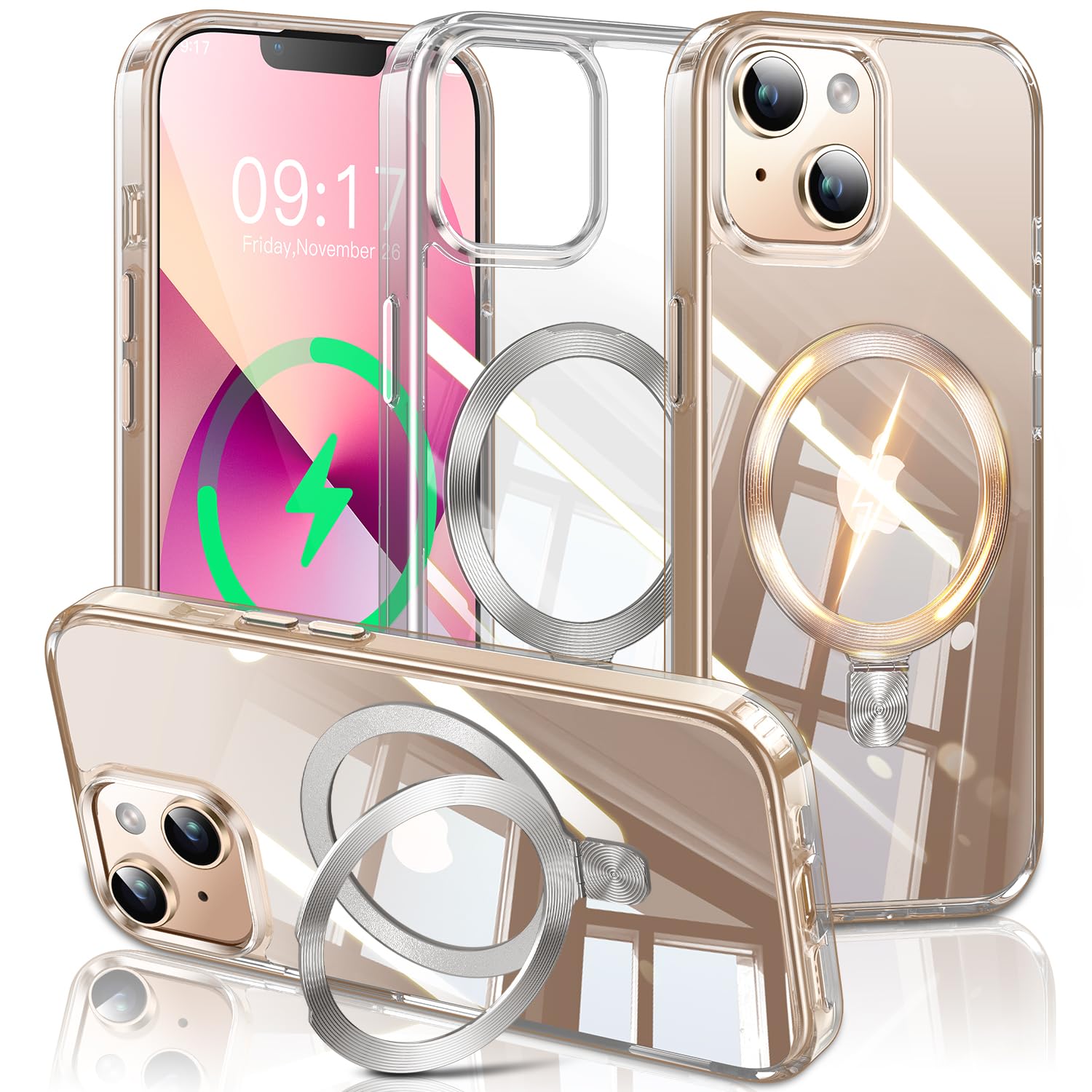 ESTPEAK CD Mag-Stand Case for iPhone 13/14 Case with Invisible Magnetic Ring, [Compatible with MagSafe] [Never Yellowing] Top Clear Phone Case Cover