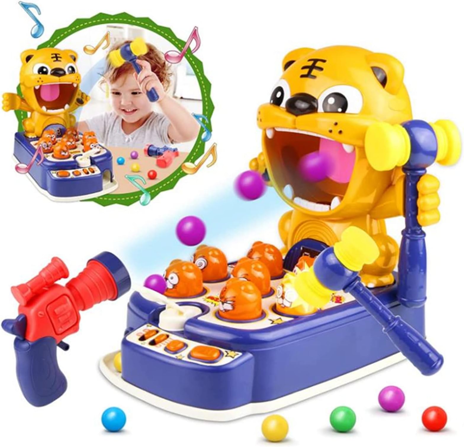 AM ANNA Whack A Tiger Mole Game, Mini Arcade Game Hammering Pounding Toys with Toy Gun and Hammers, Interactive Early Educational Toys for Kids, Target Shooting Toddler Toys with Music Lights (Blue)