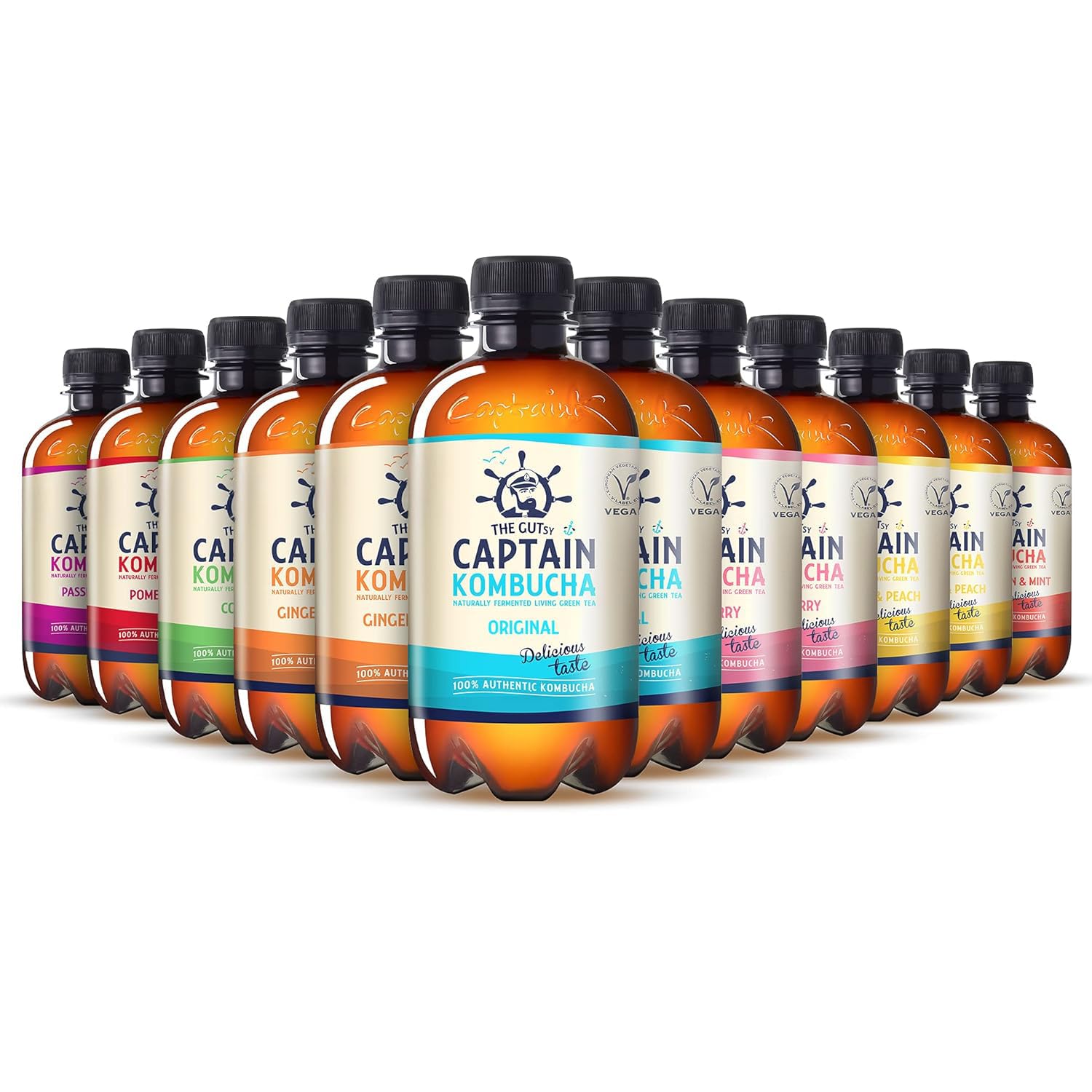 THE GUTsy CAPTAIN KOMBUCHA – Bebida Probiótica Naturalmente Fermentada, Sin Aditivos ni Conservantes, Sin Colorantes ni Sabores Artificiales, Sin Pasteurizar, Vegan - 12 x 400ml (MixBox)