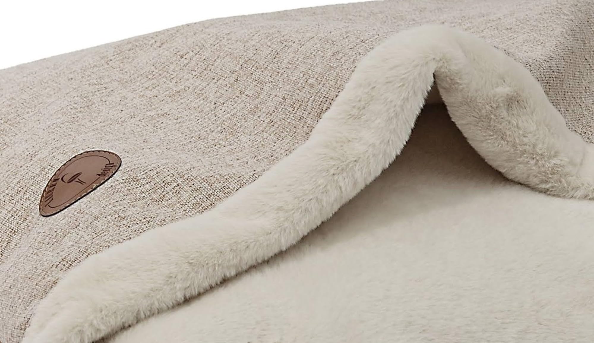 Lauren Design NEL Hundebett für Mittelgroße und Kleine Hunde - Flauschiges Katzenbett Haustierbett Mit Kapuze, Rutschfest und Waschbar (Beige Natura, XL 100 x 80 cm)