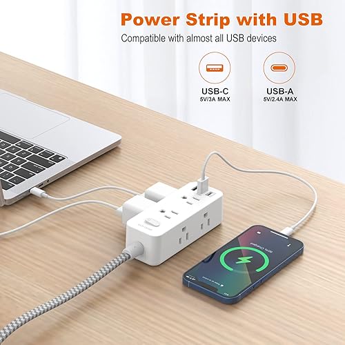 Miniatura 2 de BESHON Cable de extensión de 15 pies, protector de sobretensiones con 6 salidas con 3 puertos USB (1 toma USB C), extensor de salida de 3 lados,